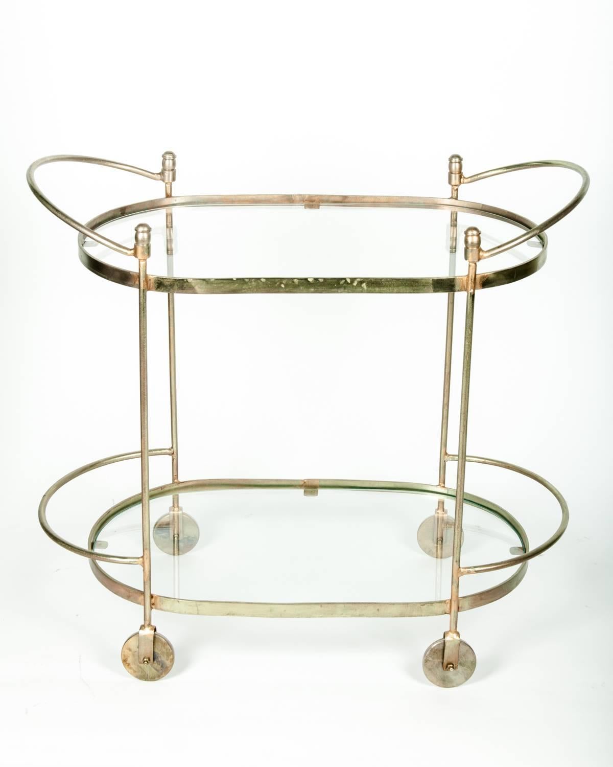 Mid-Century Solid Brass Two-Tier Tea Cart or Serving Table In Excellent Condition In Tarry Town, NY