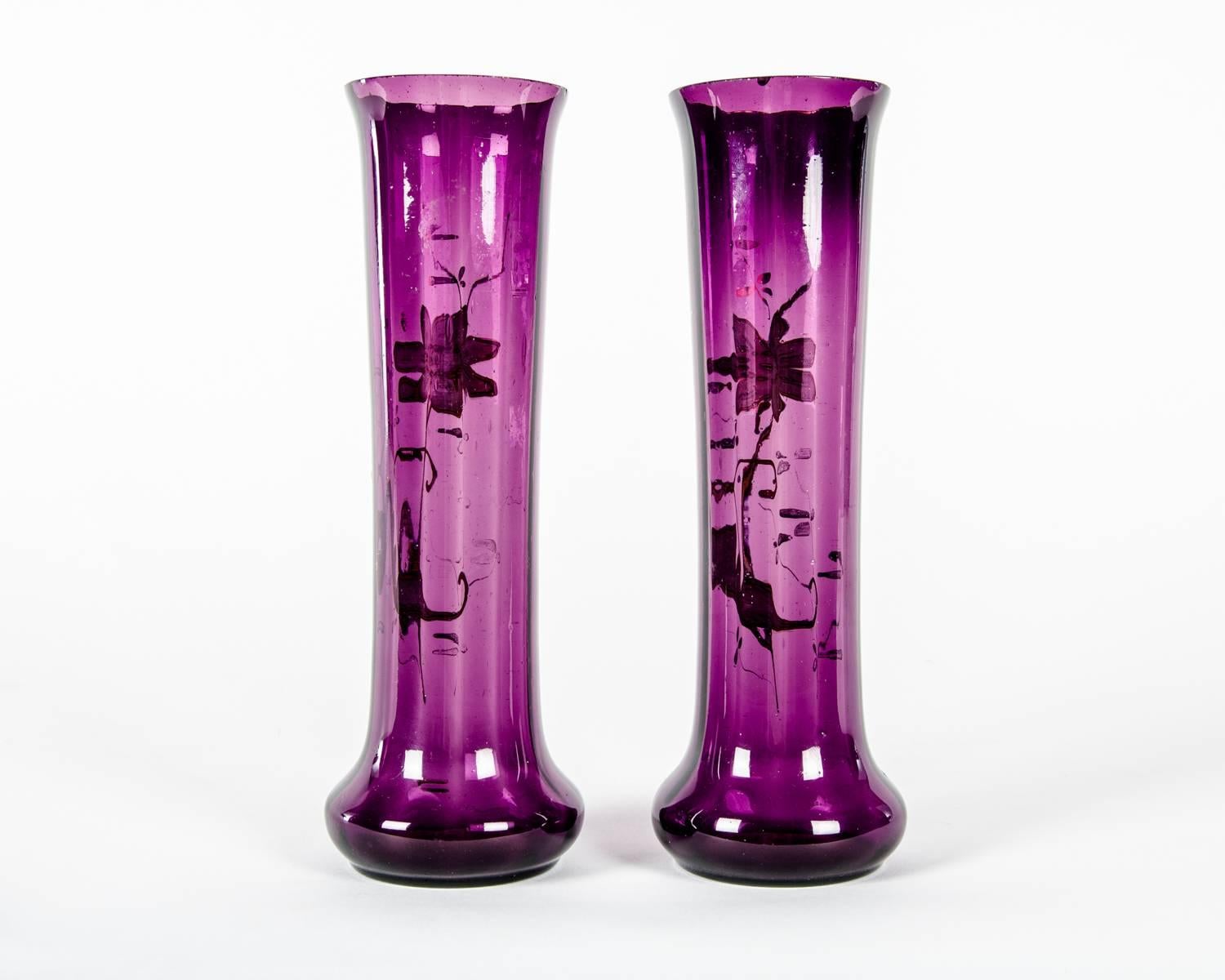 Glass Vintage Amethyst Pair of Decorative Bud Vases