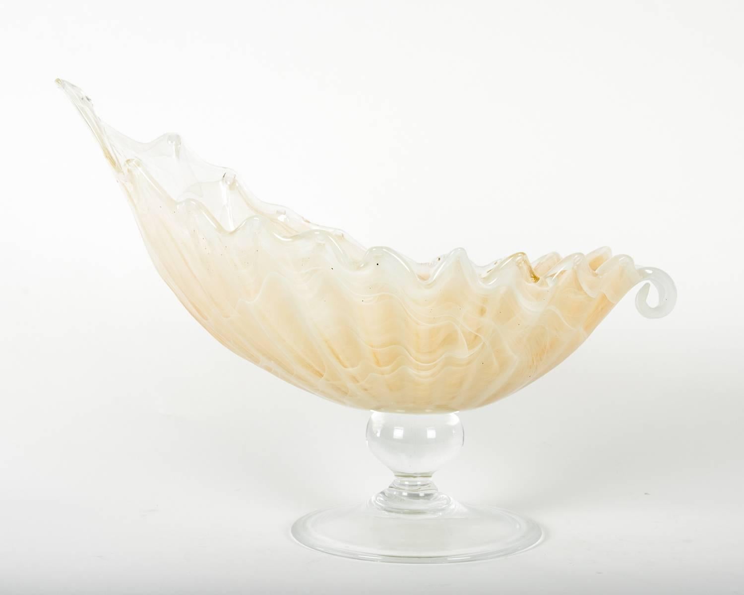 Very large shell form vintage handblown Murano gold tone footed centerpiece, with clear glass stem and foot.