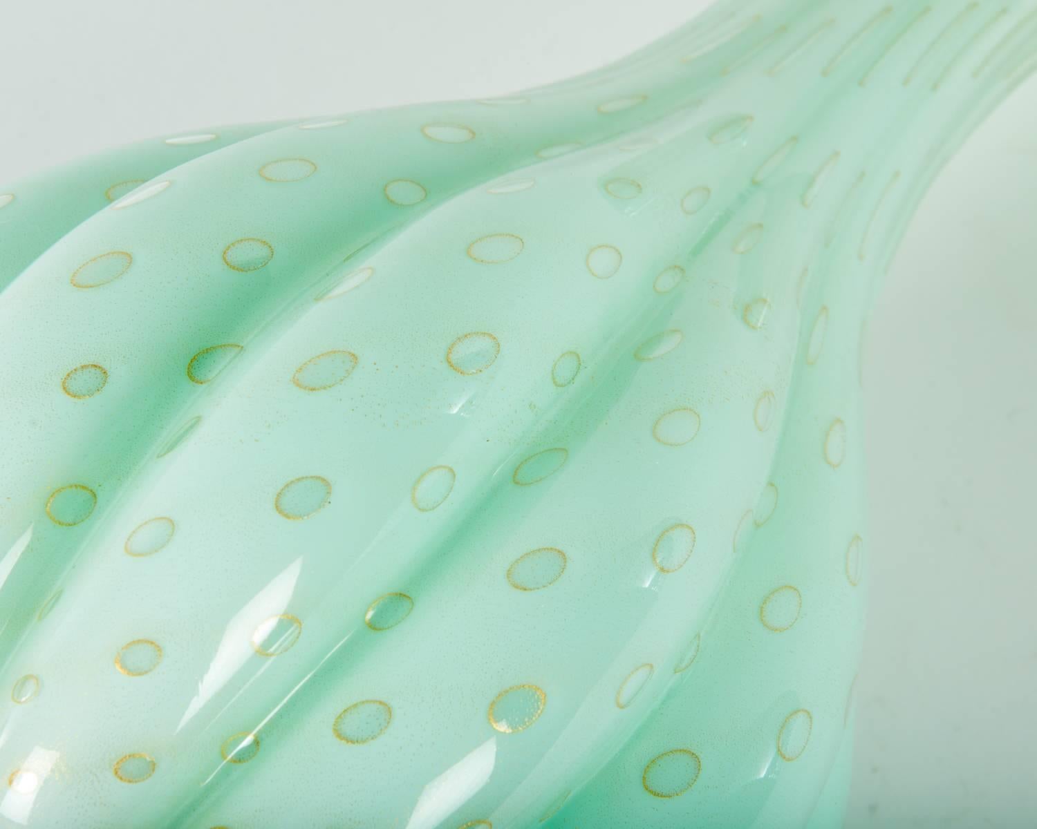 Tall vintage sea mist Murano fluted decorative vase with regulated spotting and solid green interior color. Tapered neck. Excellent condition. Piece measures 16 inches tall and 8 inches wide.
