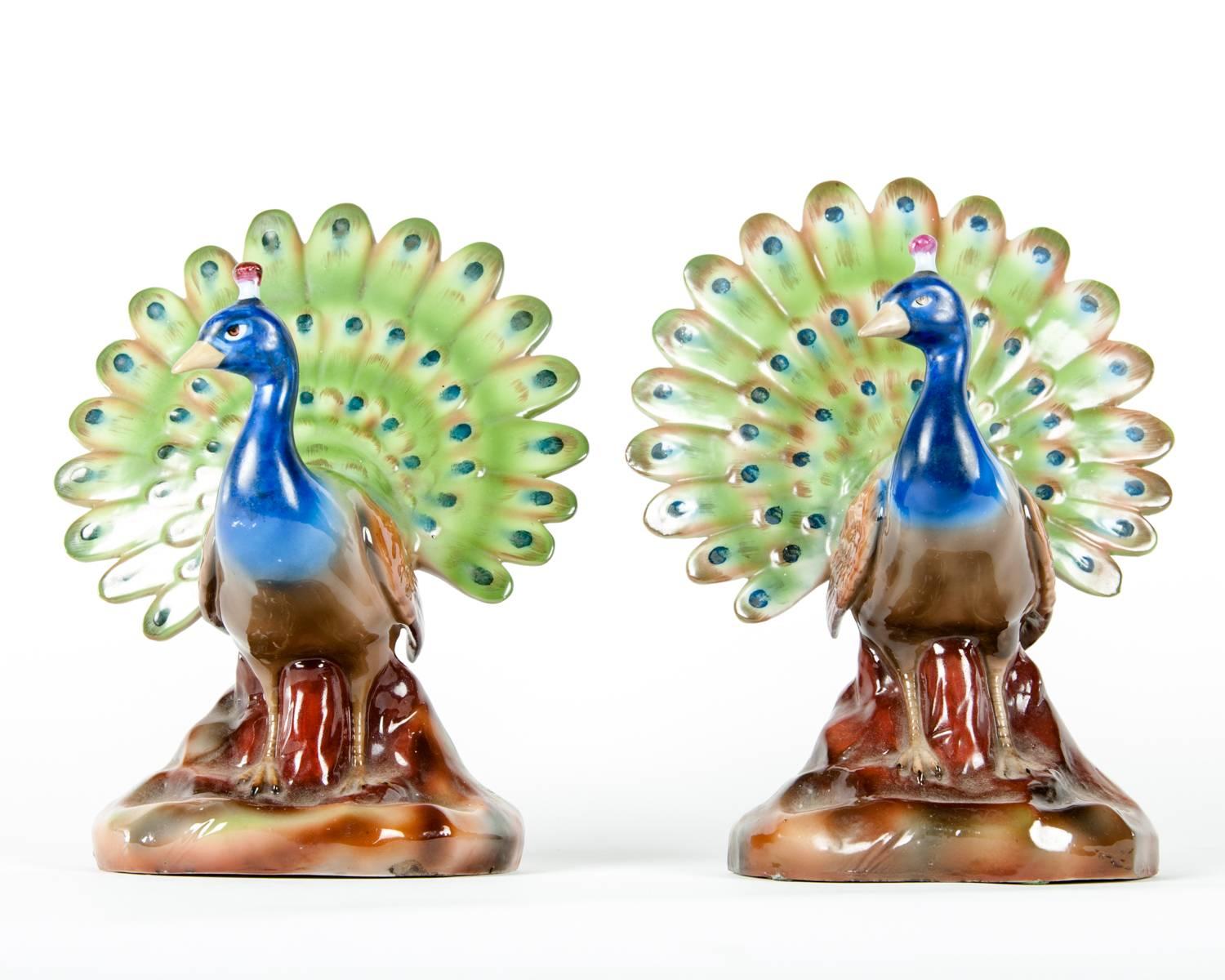 Antique European pair of decorative glazed porcelain peacock. Excellent antique condition. Each piece measure 8 inches tall x 6.5 inches wide.