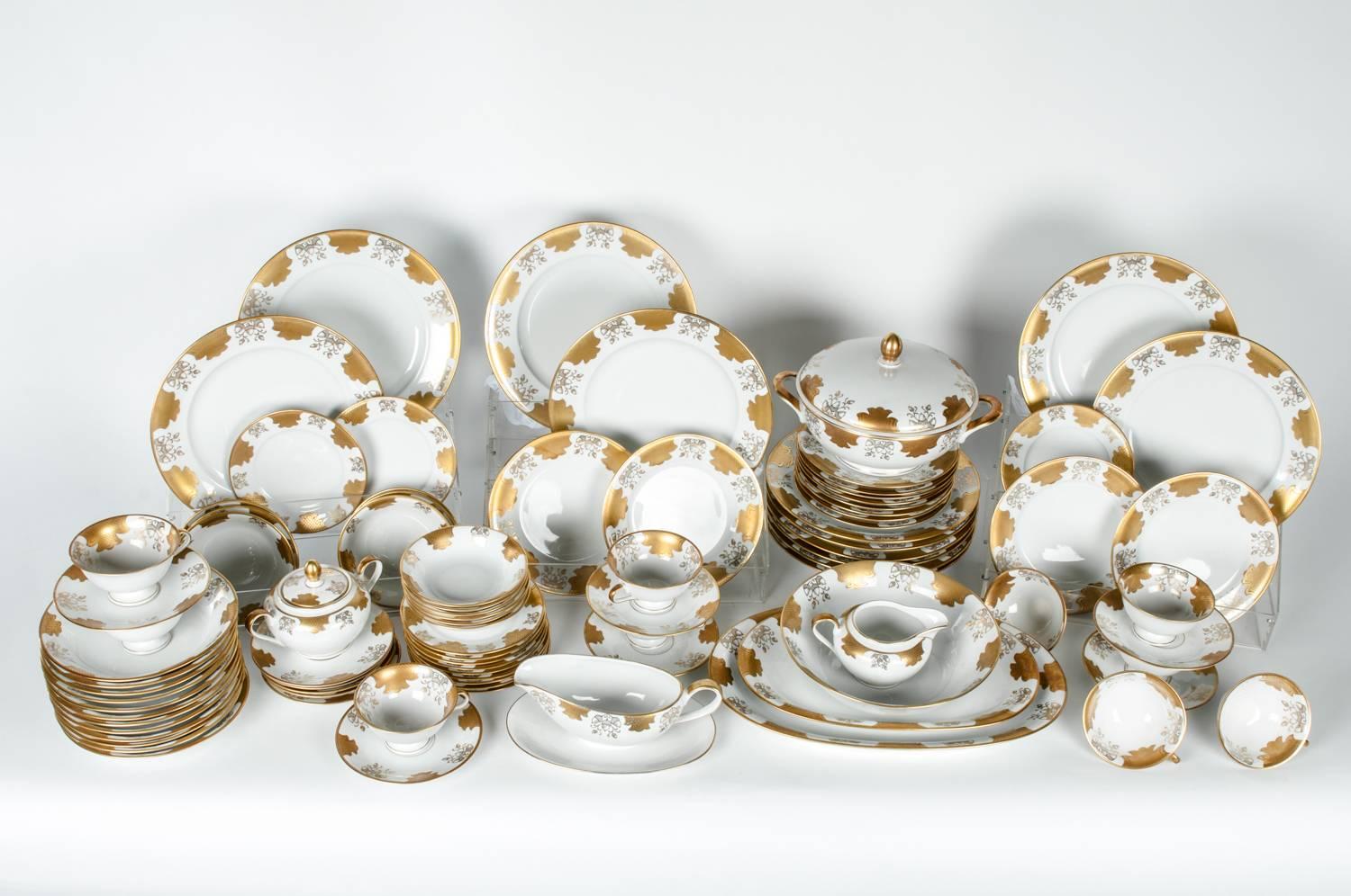 Antique west Germany dinnerware service for ten people. The set include 67 pieces all together. Serving pieces include large / medium platter. Vegetable bowl. Covered tureen. Greavy boat. creamer / sugar. Soup coupes and ice cream bowl. The Soup
