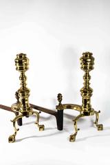 Antique Solid Brass Pair of Beehive Topped Andirons