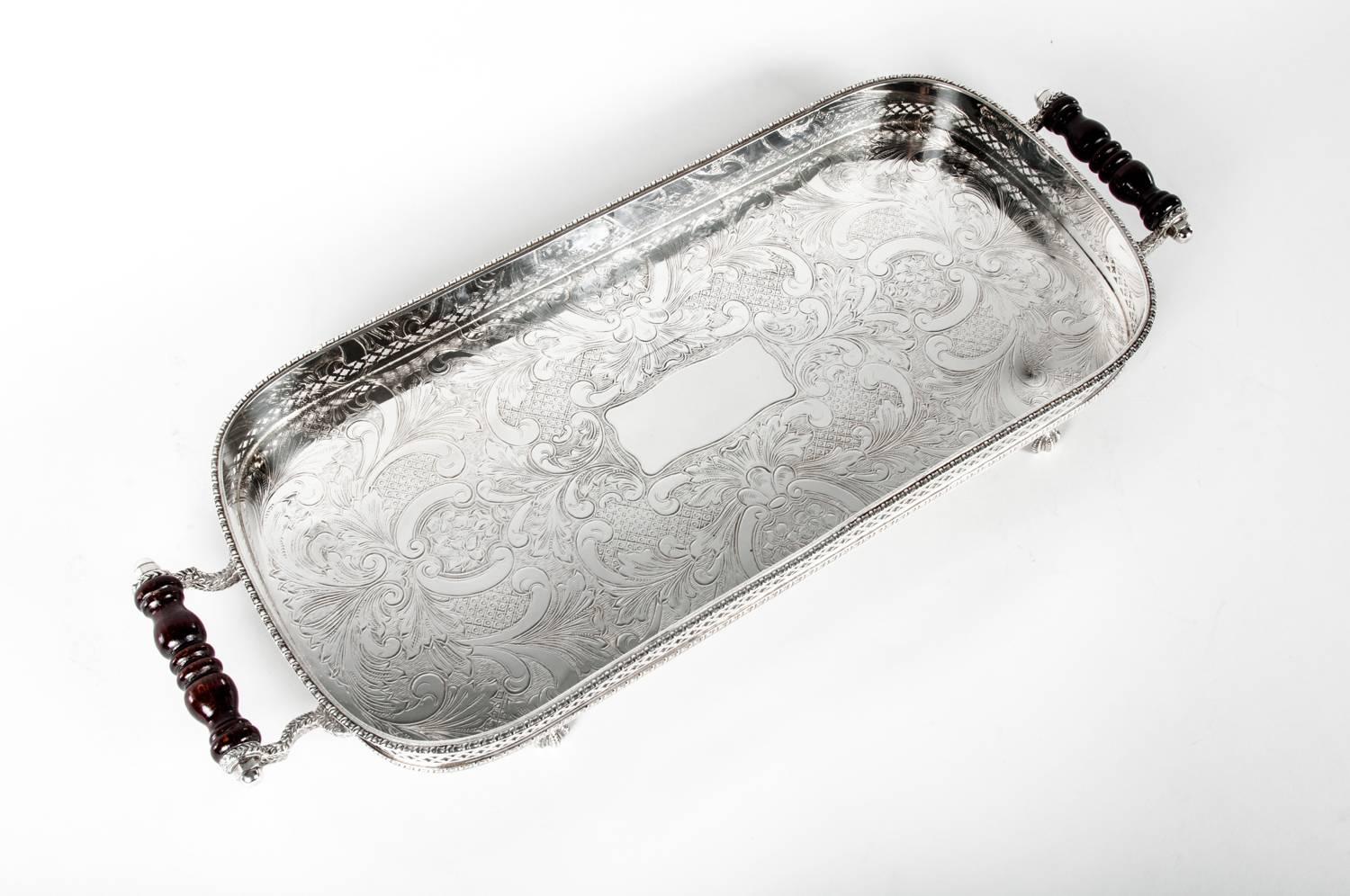 20th Century Vintage English Silver Plate Gallery  Tray with Handles .