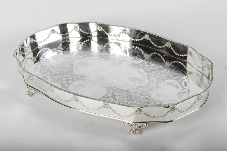 Large Vintage English Sheffield Footed Barware Tray For Sale at 1stDibs
