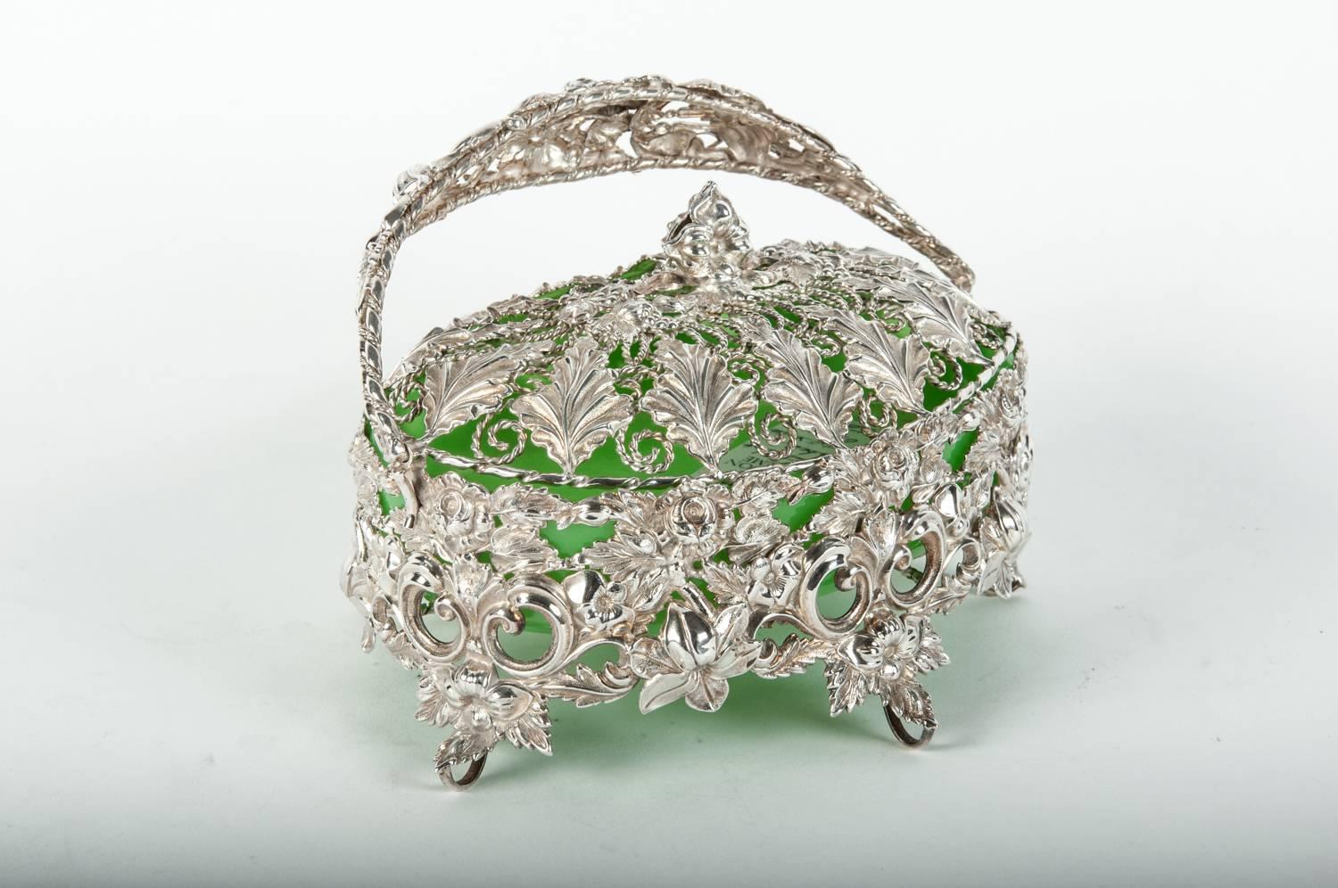 Antique English Silver Plated Basket Dish with Celadon Glass Insert In Excellent Condition In Tarry Town, NY