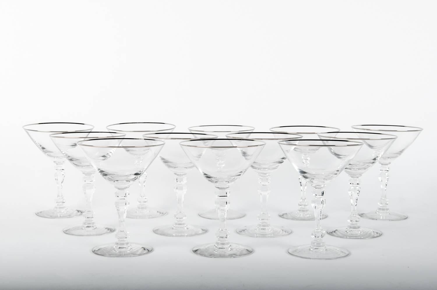 French Vintage Set of 8 Crystal Coupes with Platinum Trimmed Top
