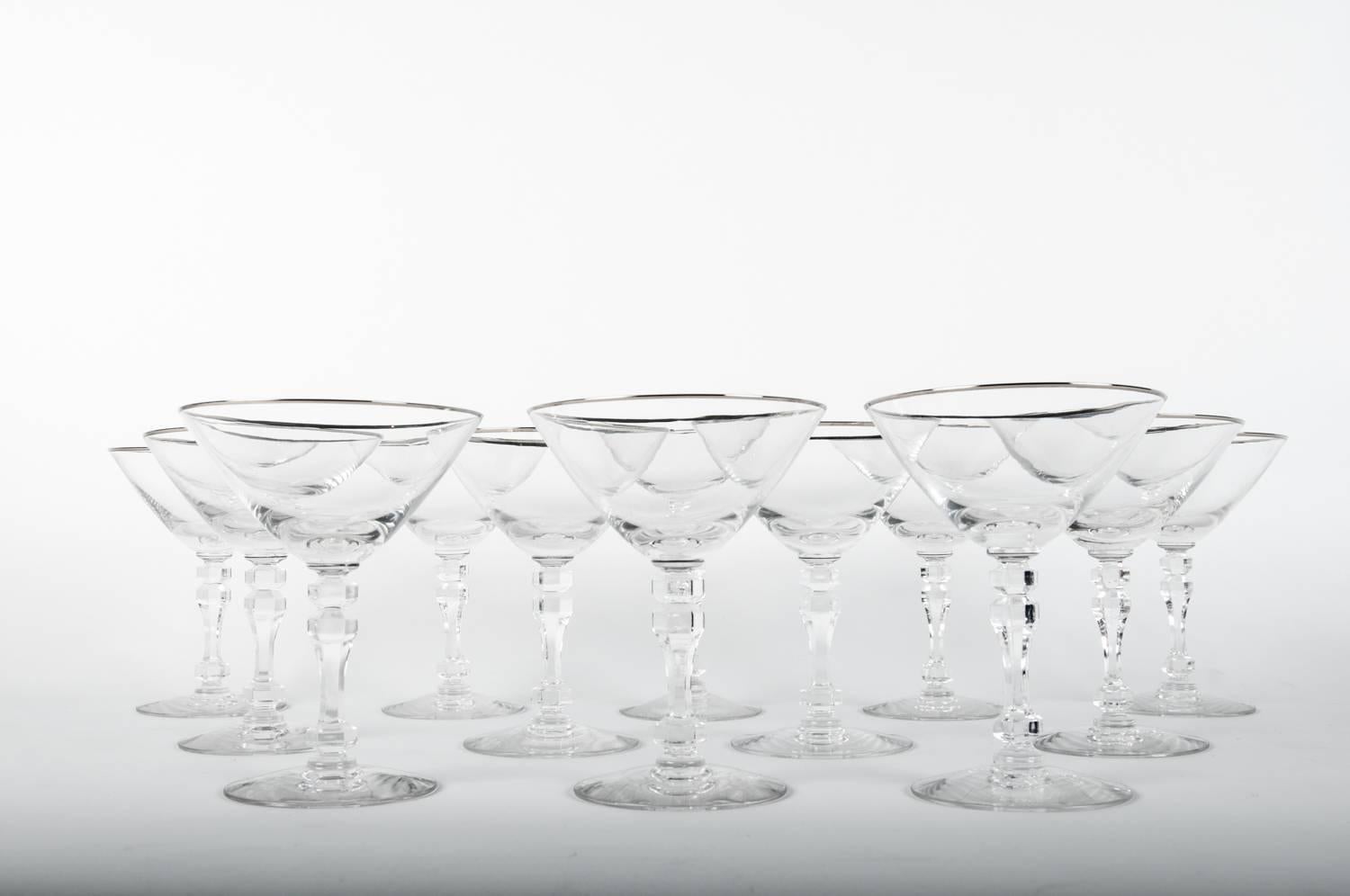 Early 20th Century Vintage Set of 8 Crystal Coupes with Platinum Trimmed Top