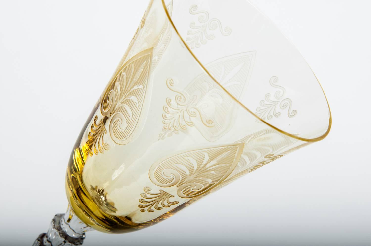 Mid-20th Century Vintage Set of 12 Yellow Crystal Wine or Water Glasses