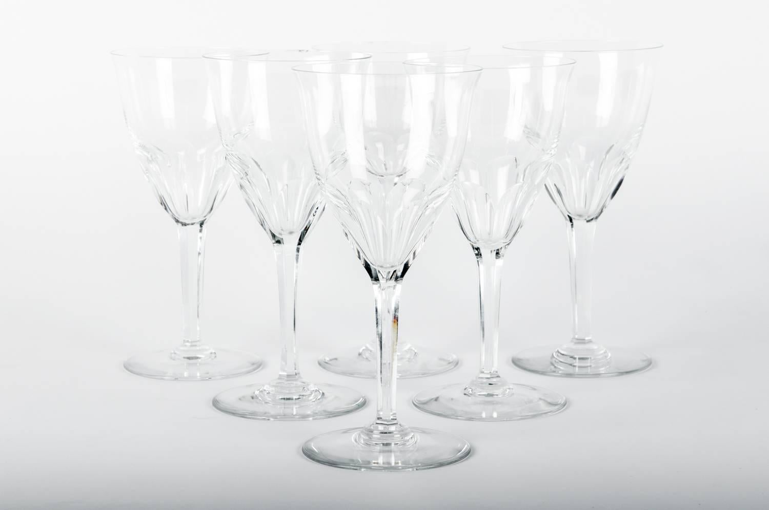 Baccarat set of six wine / water  acid etched stamped glasses.  The picture shows one set of six but we have two set . The price is per set of six glasses .Excellent condition , these glasses would bring a great addition to any table . Each wine