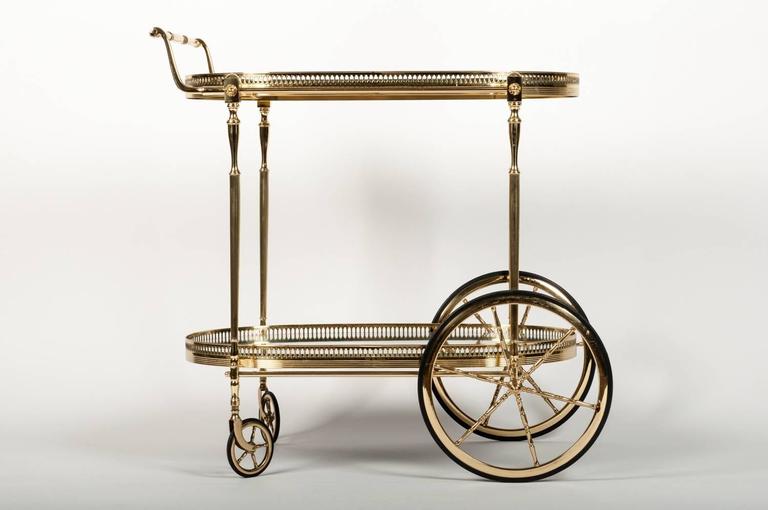 French Vintage Solid Brass Wheeled Two-Tier Bar Cart at 1stDibs