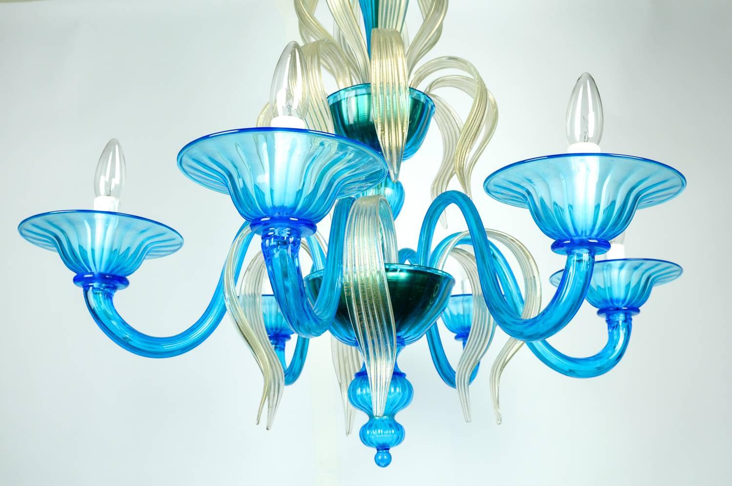 Italian Venetian Handblown Six Arms Turquoise or Gold Flecks Chandelier