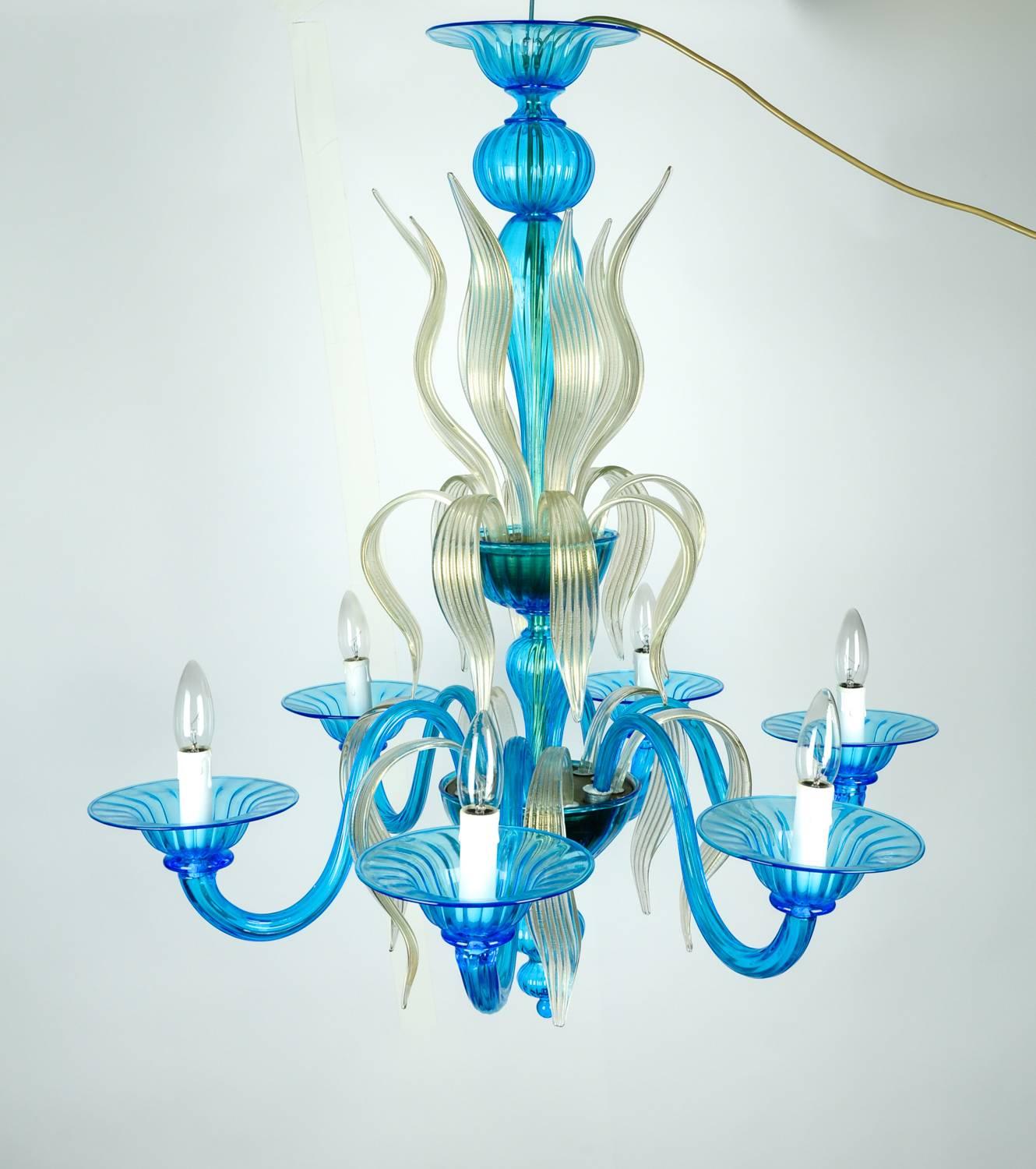 Venetian Handblown Six Arms Turquoise or Gold Flecks Chandelier In Excellent Condition In Tarry Town, NY