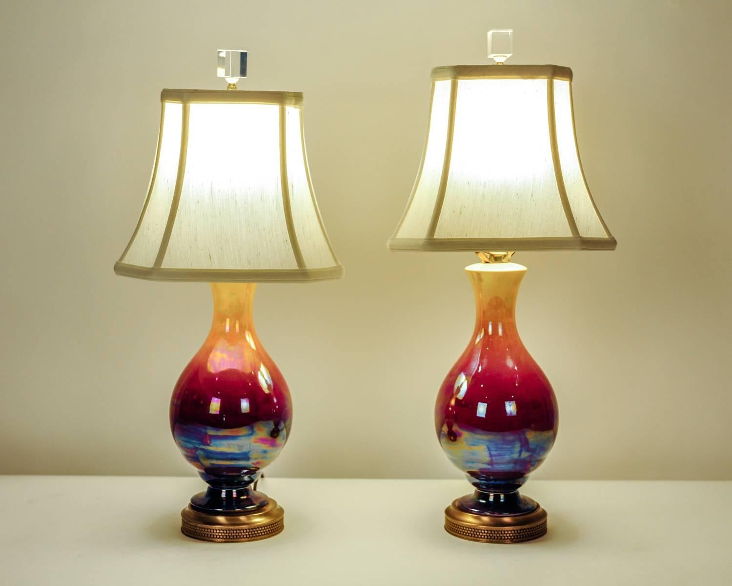 Vintage Pair of Iridescent Porcelain Table Lamps with Brass Base In Excellent Condition In Tarry Town, NY