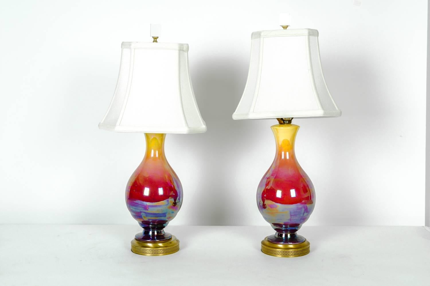 20th Century Vintage Pair of Iridescent Porcelain Table Lamps with Brass Base