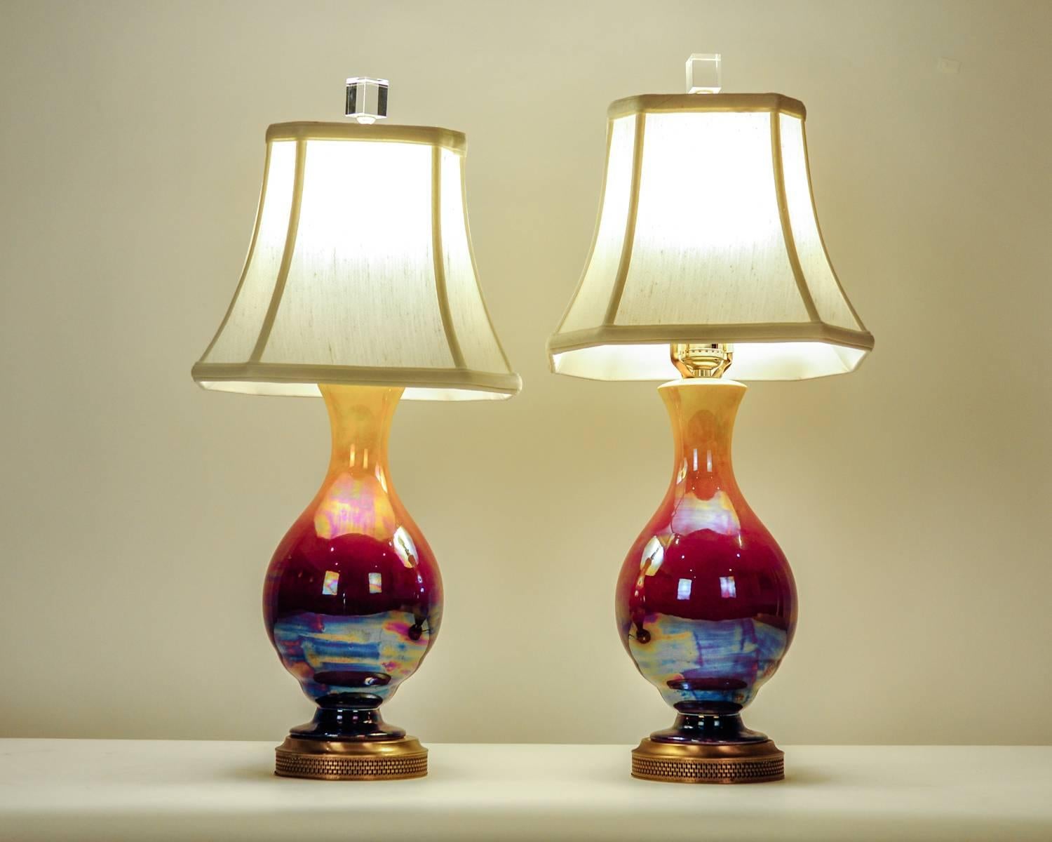 Vintage Pair of Iridescent Porcelain Table Lamps with Brass Base 2