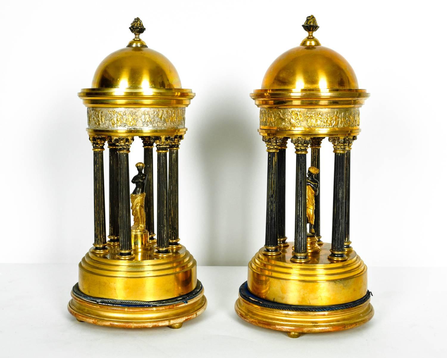 Early 19th Century Pair of Antique French Bronze Greek Dome with Goddess