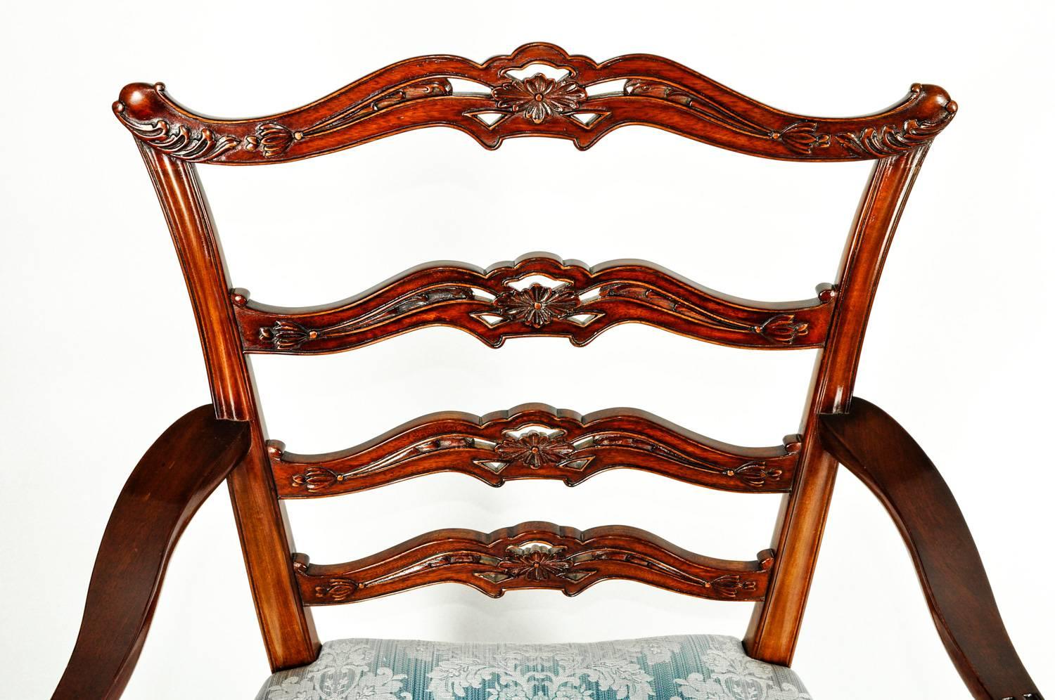 Mahogany Antique Pair of English Carved Ribbon Back Chairs