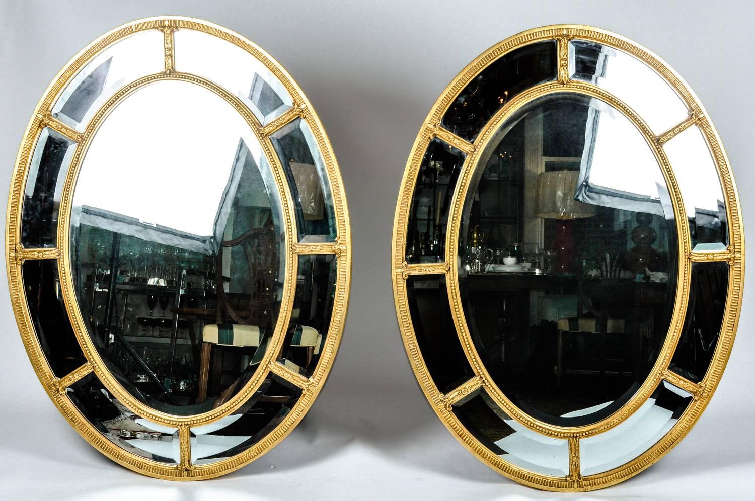 Italian Mid-Century Modern Wood Frame Oval Pair of Beveled Mirror