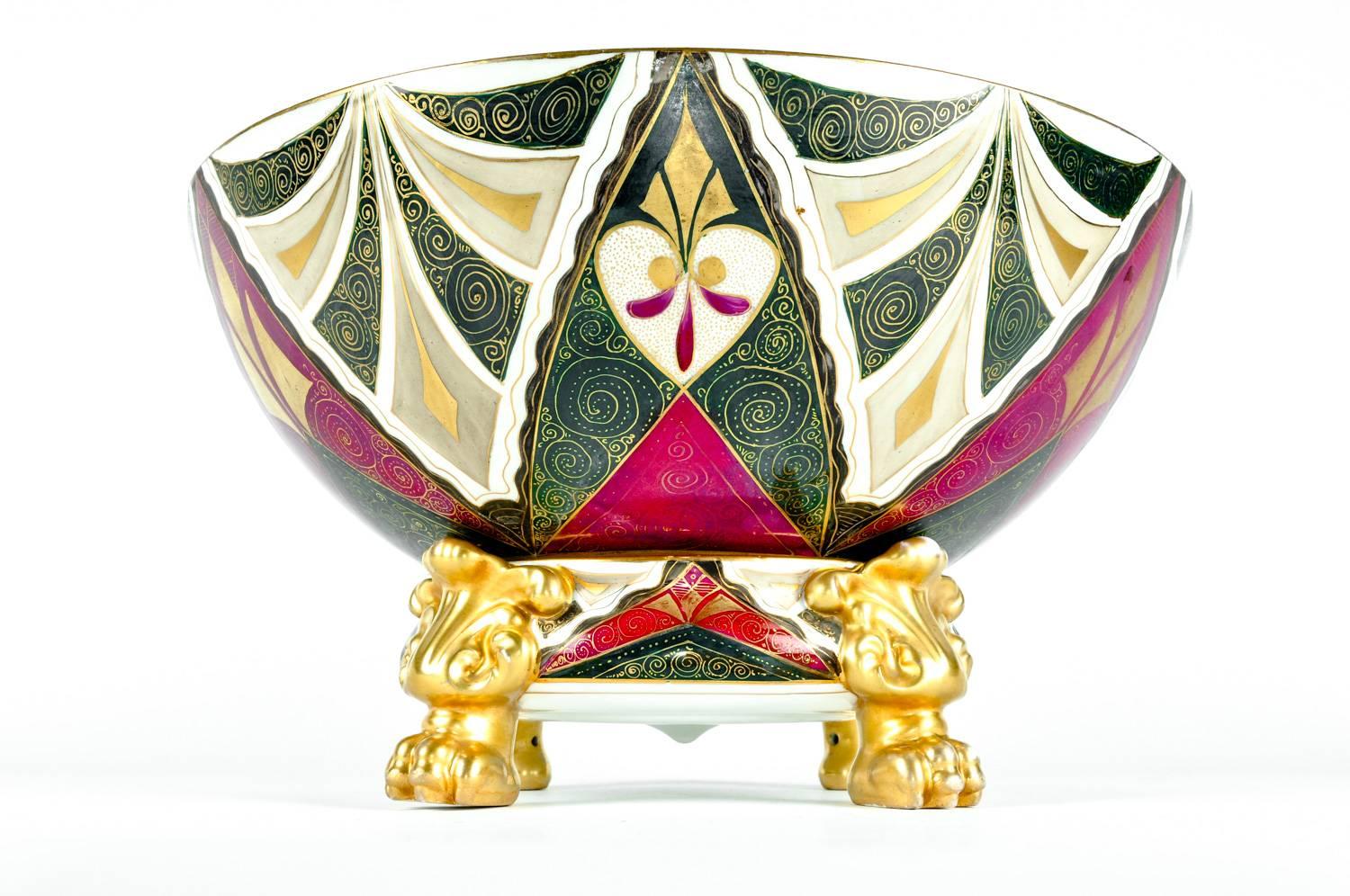 Austrian Porcelain Tribal Two Pieces Footed Centrepiece Bowl In Excellent Condition In Tarry Town, NY