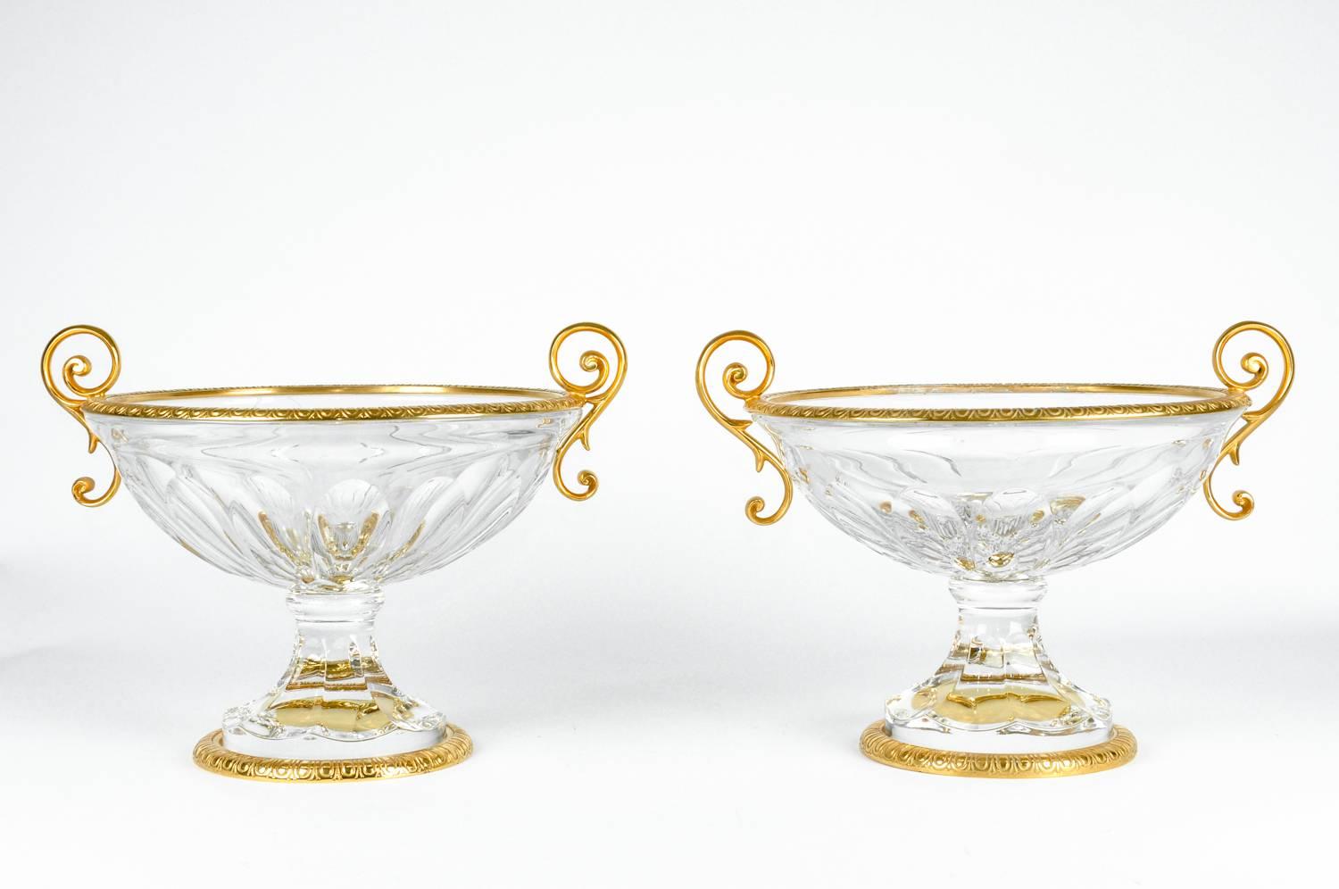 Antique pair of French heavy cut crystal centerpieces / vases with brass frame design details. Each piece measure 12
