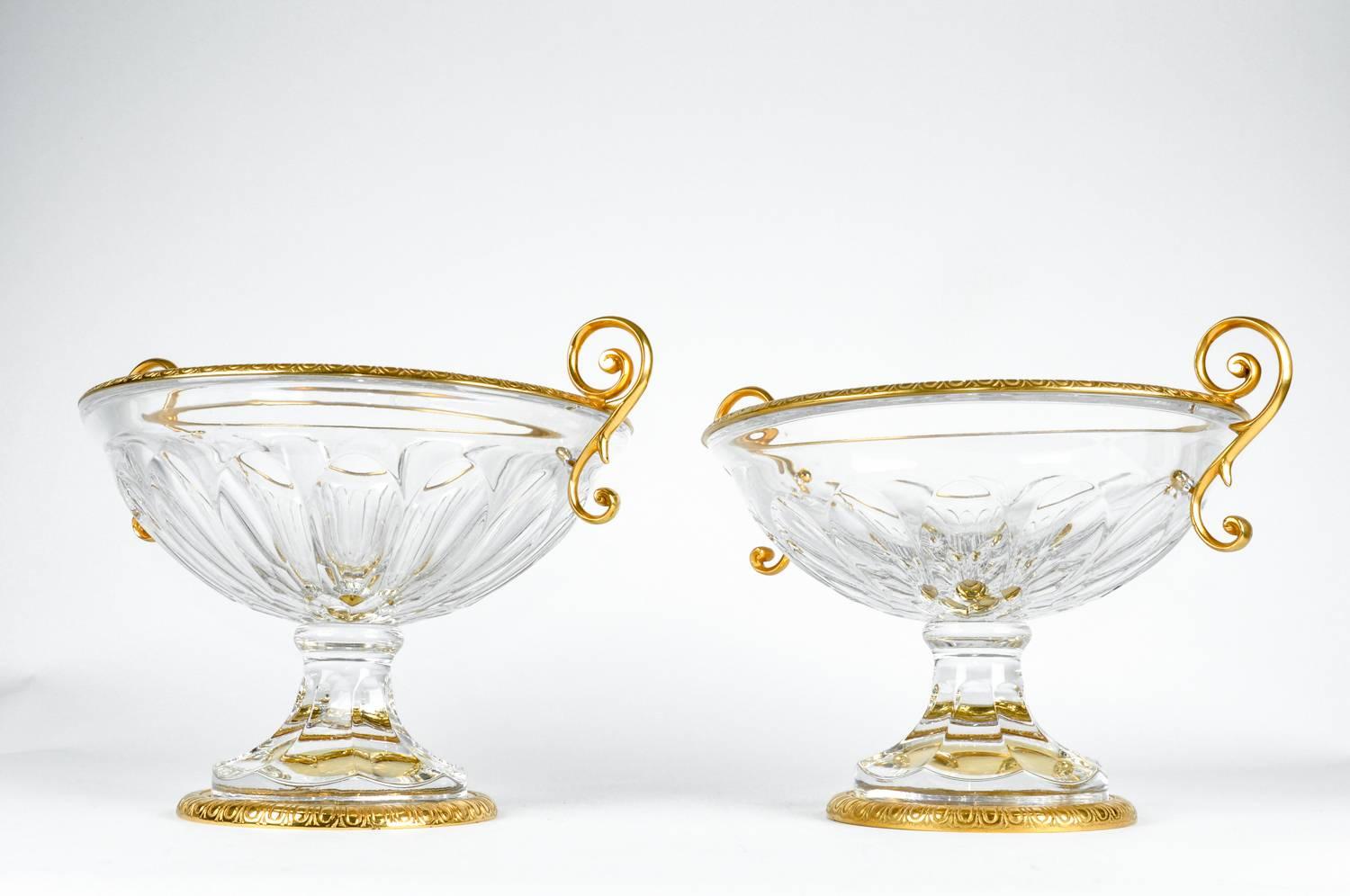 Brass Antique Pair of French Cut Crystal Centerpieces