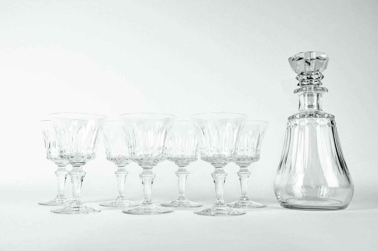 Early 20th Century Vintage Baccarat Crystal Eight Pieces Decanter Set