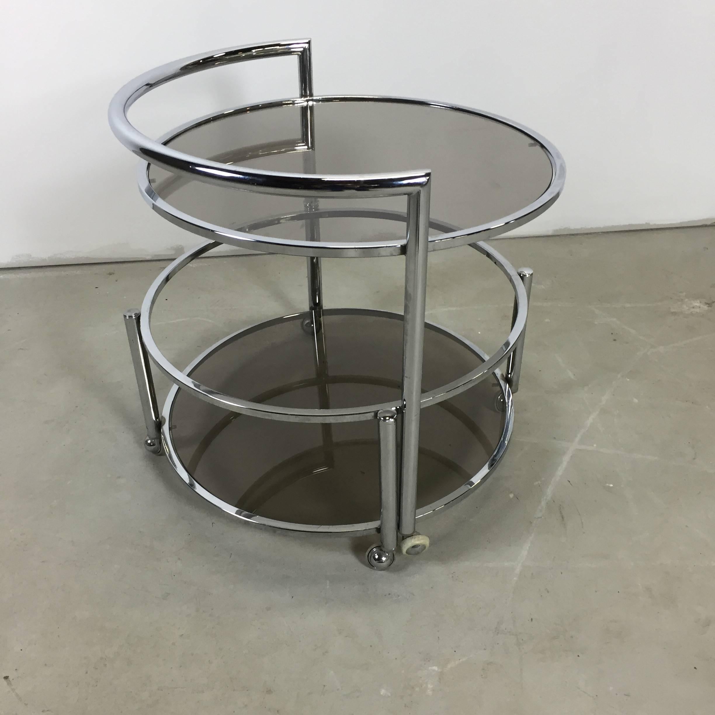 Mid-Century Modern Chrome and Smoked Glass Rolling Dry Bar For Sale