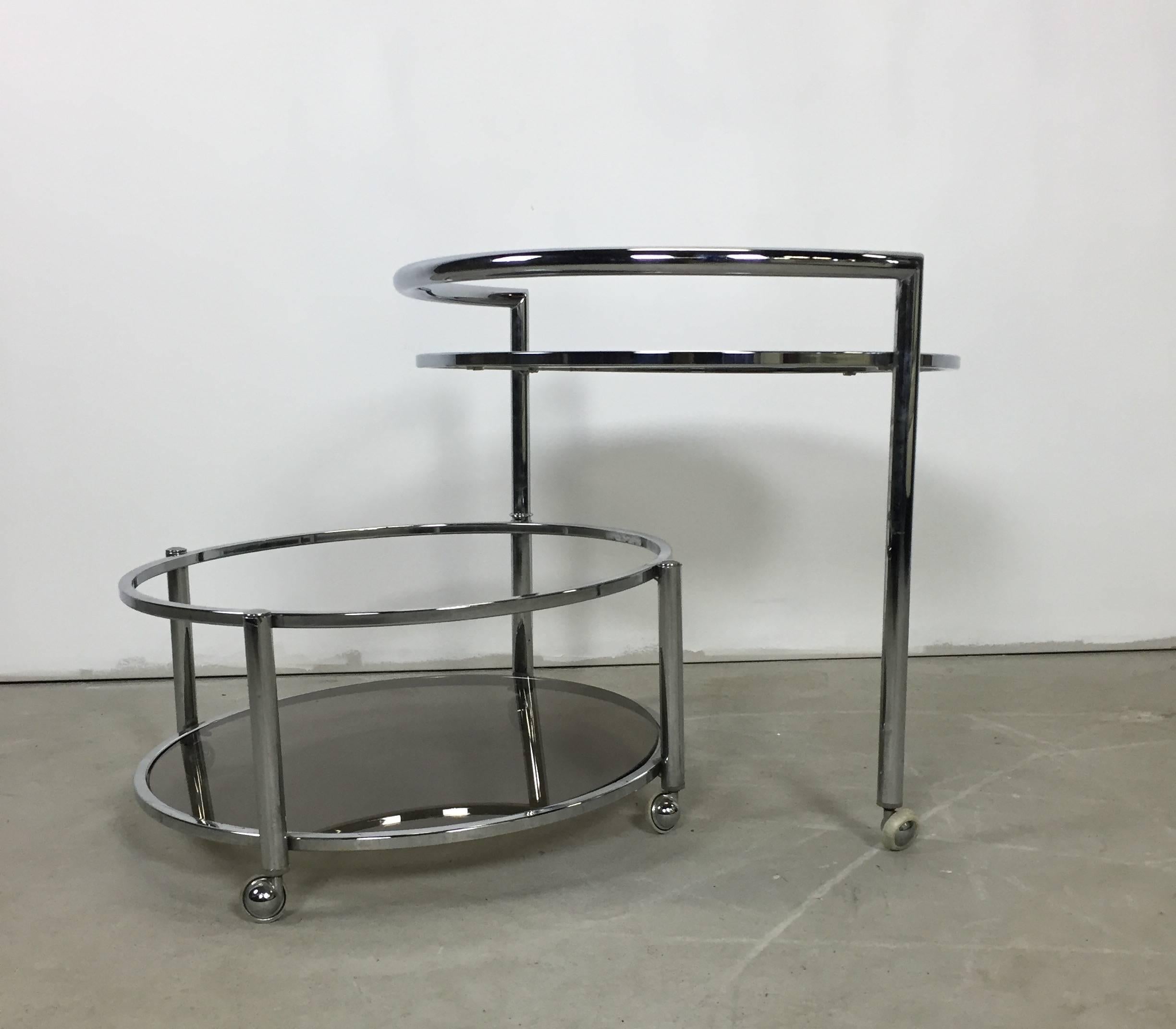 American Chrome and Smoked Glass Rolling Dry Bar For Sale