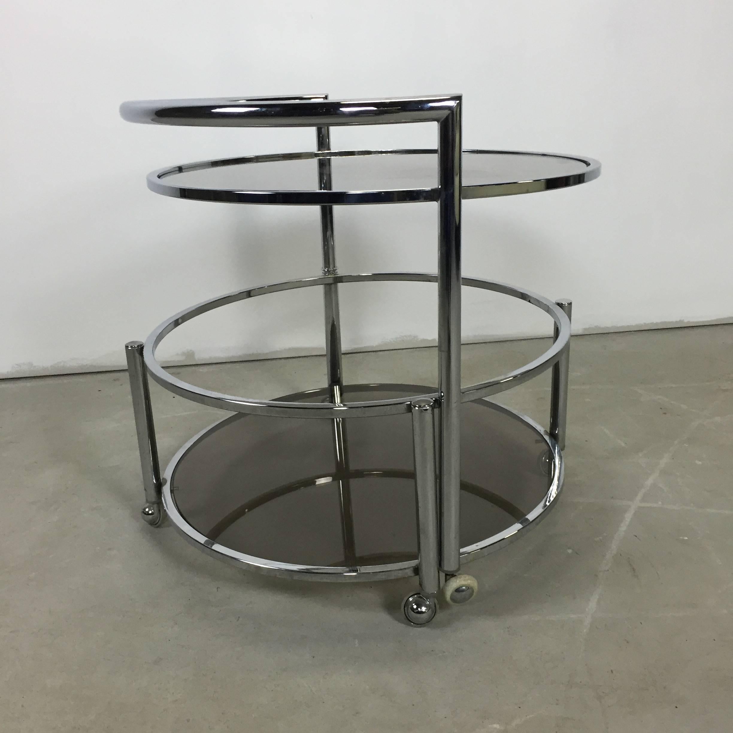 Late 20th Century Chrome and Smoked Glass Rolling Dry Bar For Sale