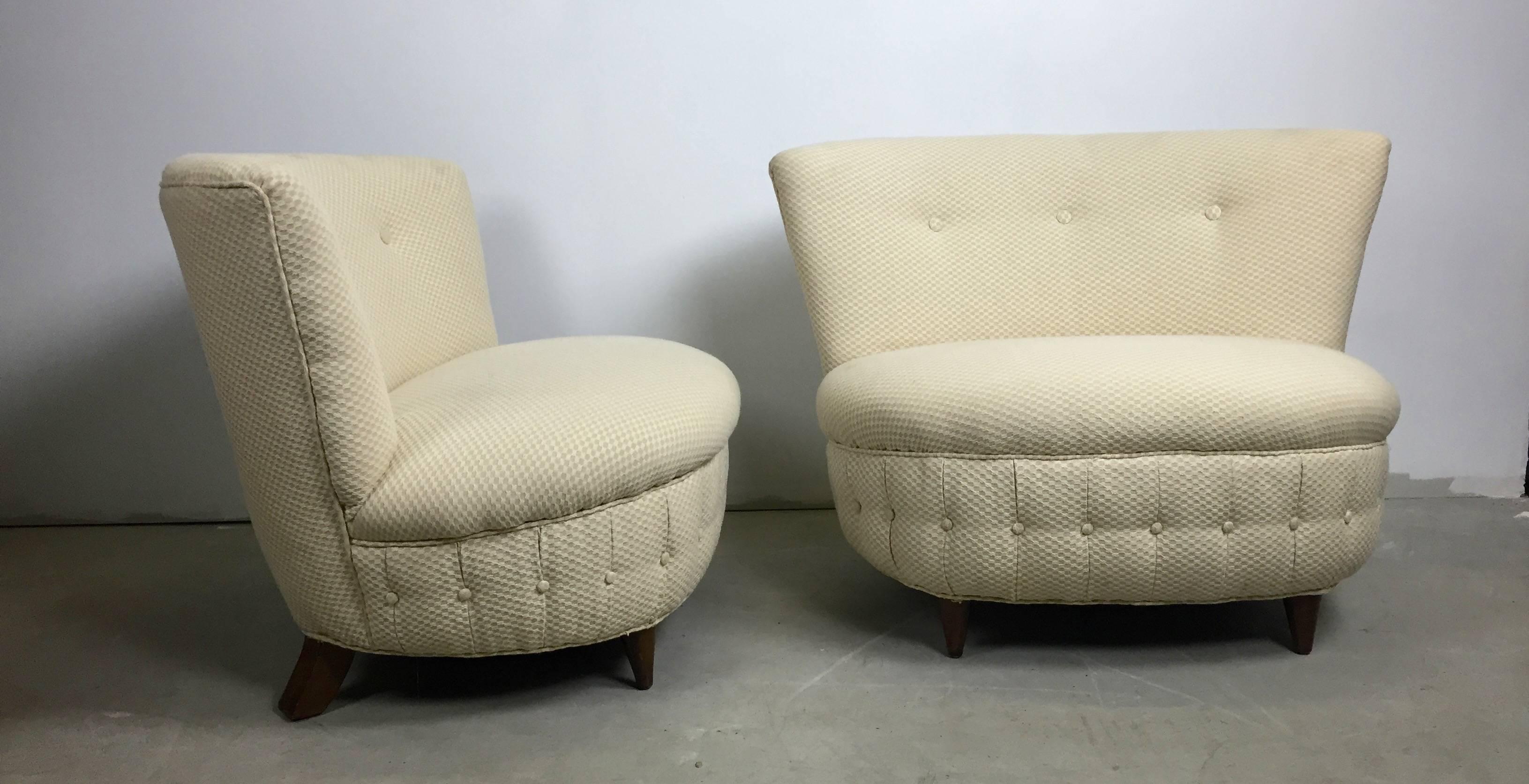 Elegant pair of Button Tufted Slipper Chairs Designed by Gilbert Rohde For Herman Miller.