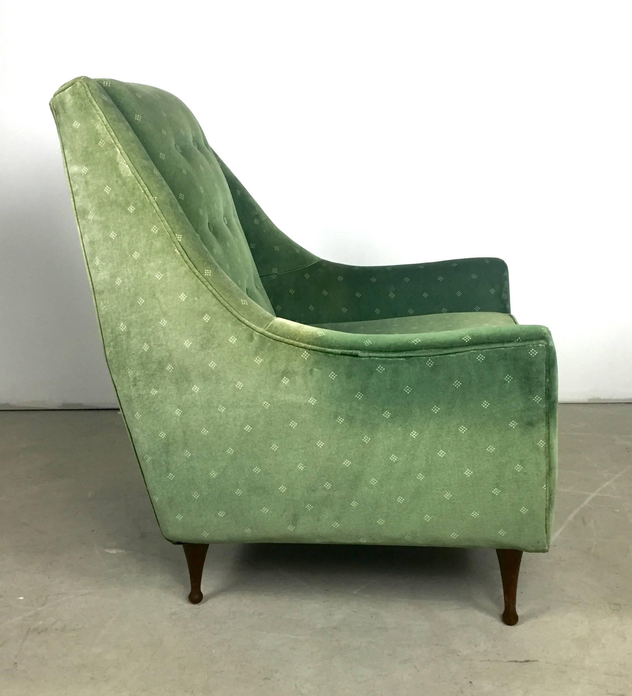 Mid century lounge by the Flexsteel Company.  Chair is similar in style to the chair designed by Paul Mccobb . Patterned Green Velvet Upholstery & Turned Walnut legs.  