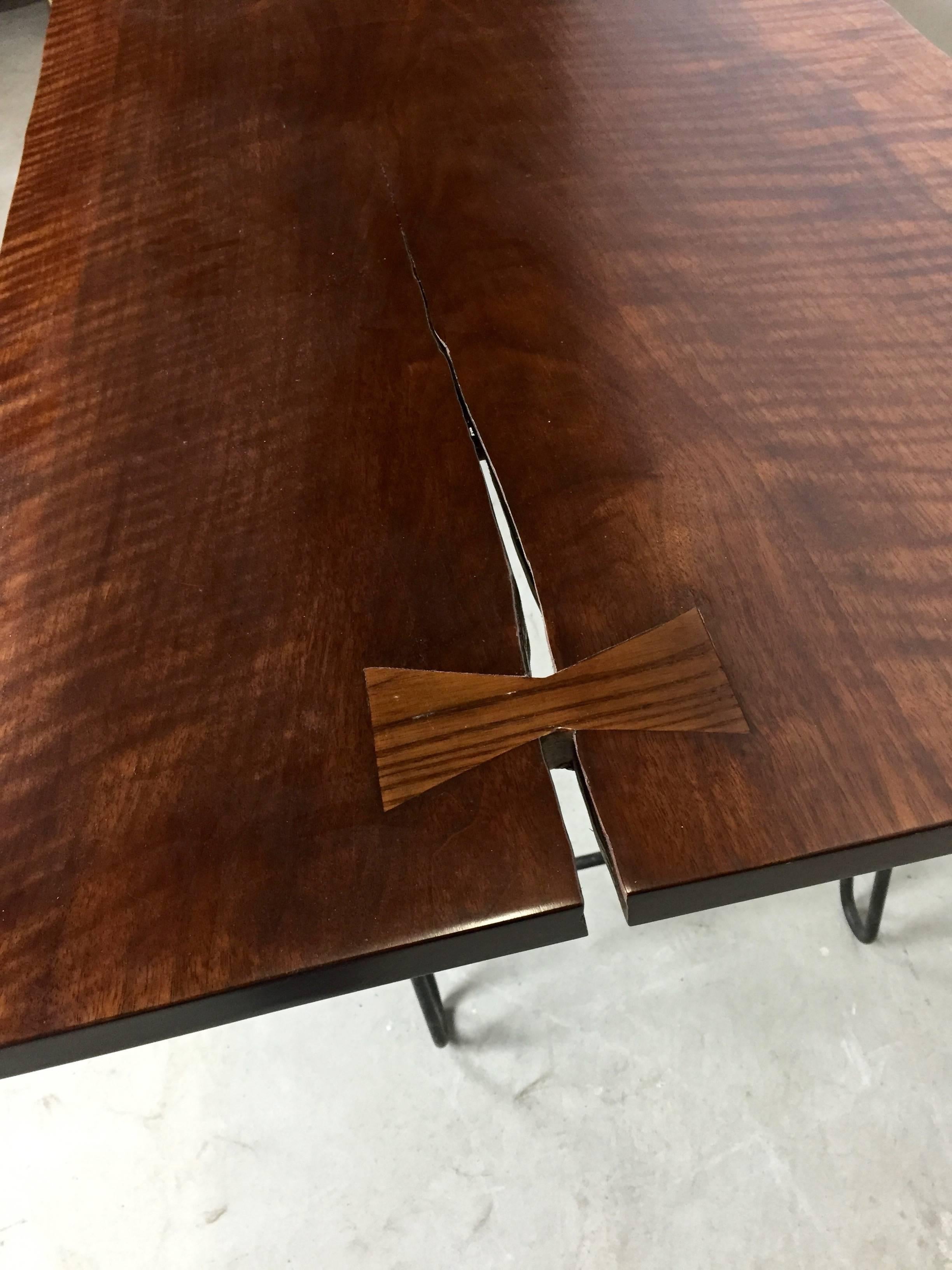 American 1950s Hairpin Desk with Floating Drawer and Custom Free Edge Walnut Top For Sale