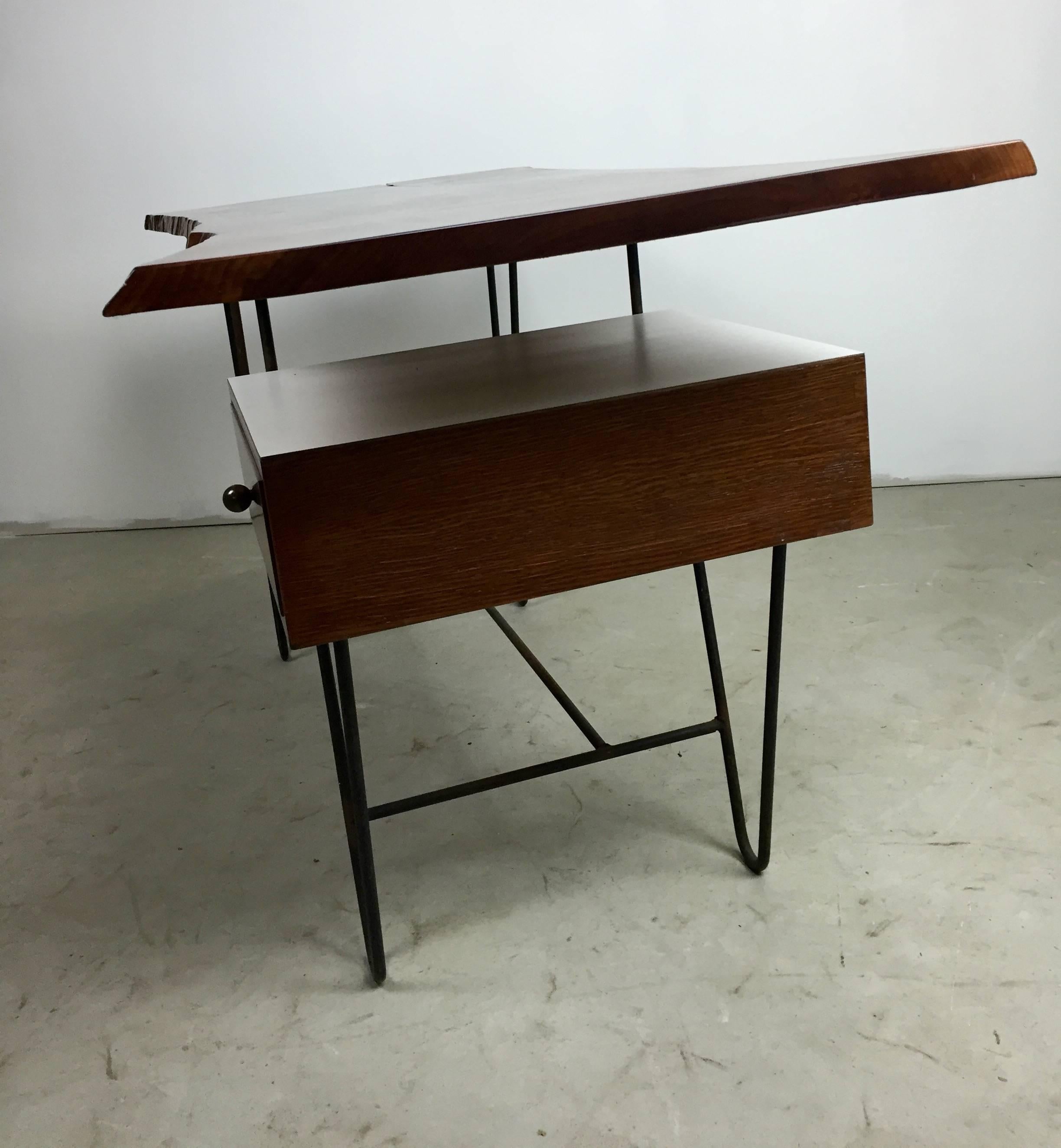 Mid-20th Century 1950s Hairpin Desk with Floating Drawer and Custom Free Edge Walnut Top For Sale