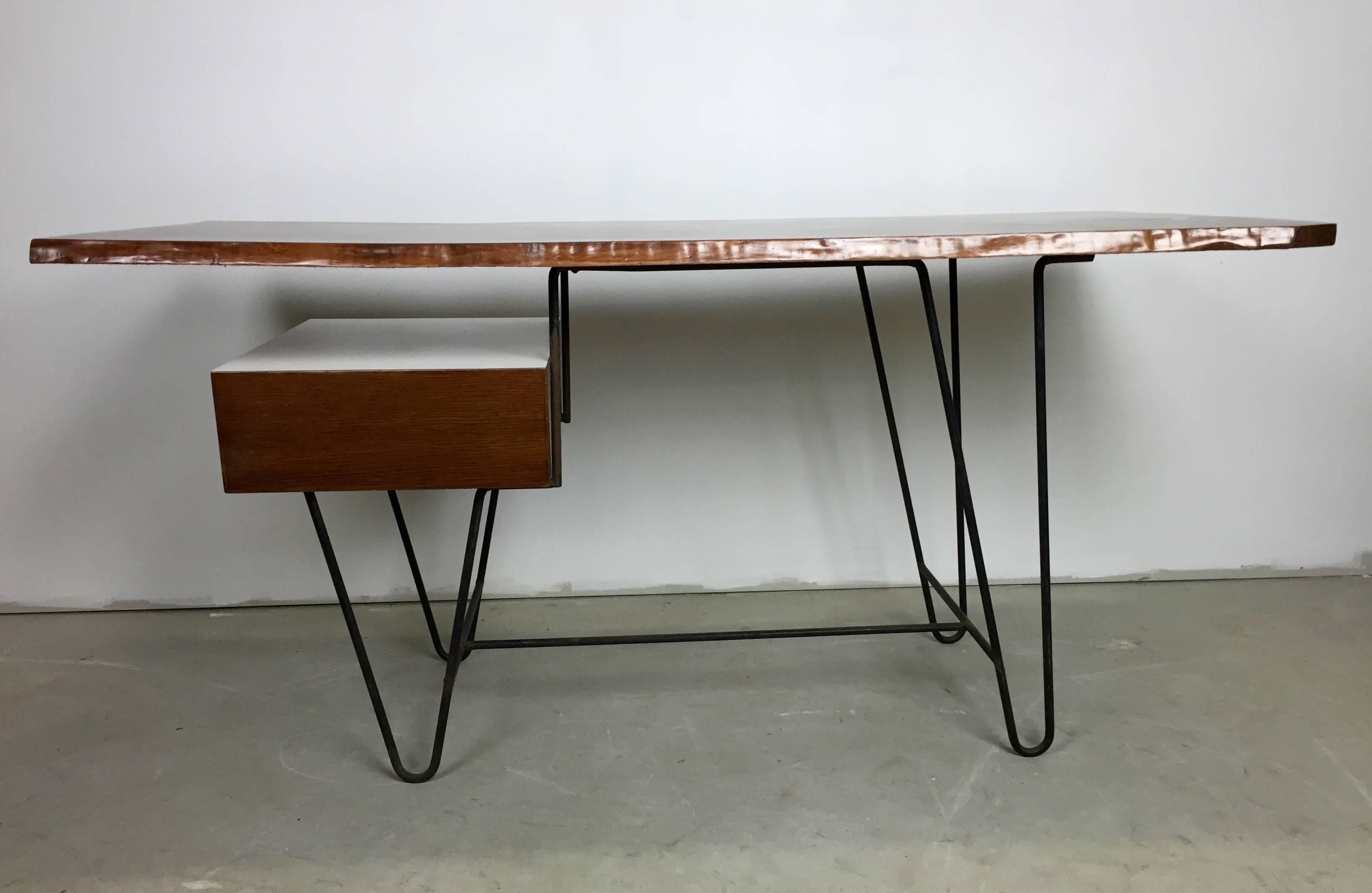 Blackened 1950s Hairpin Desk with Floating Drawer and Custom Free Edge Walnut Top For Sale