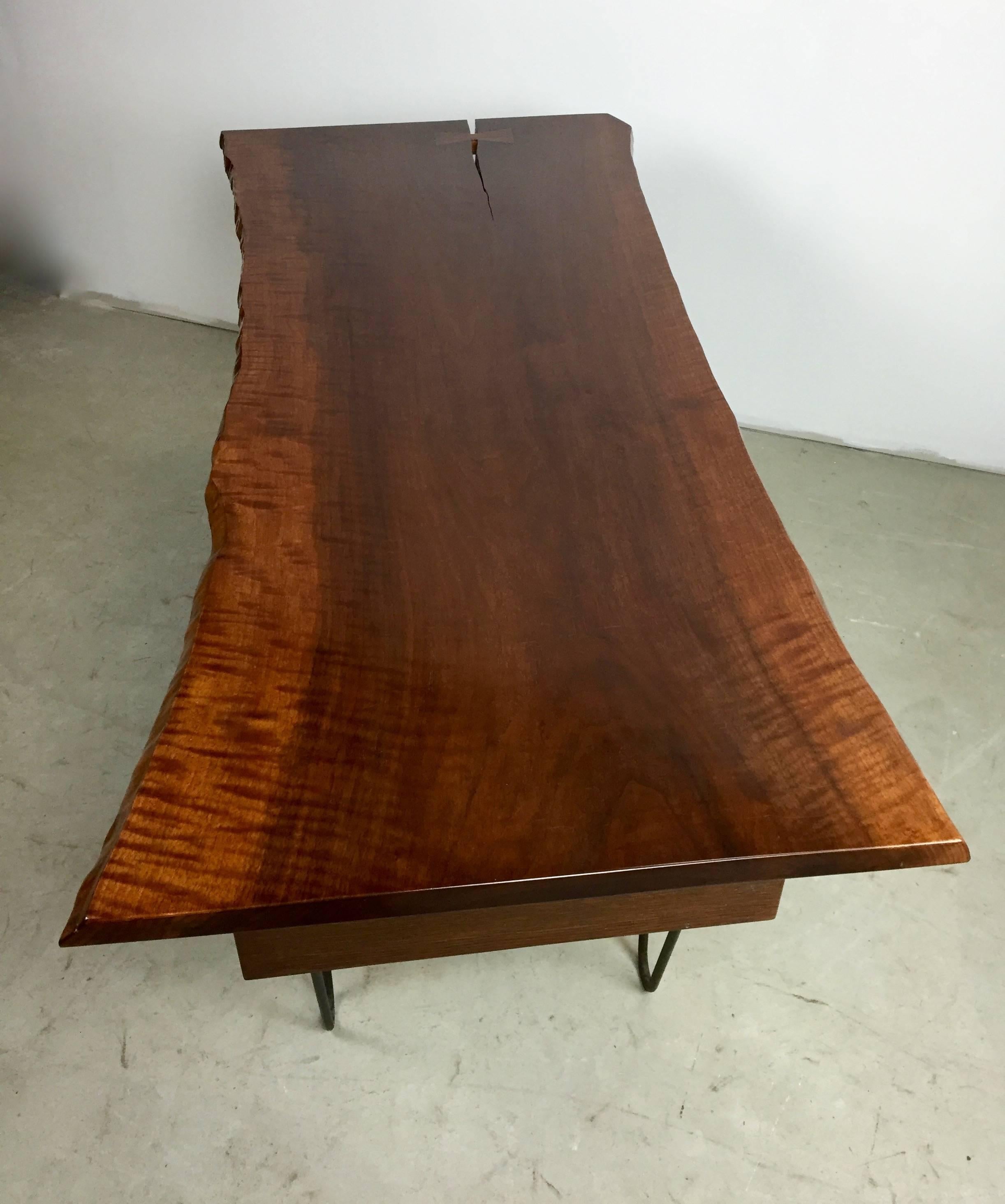 1950s Hairpin Desk with Floating Drawer and Custom Free Edge Walnut Top In Excellent Condition For Sale In Asbury Park, NJ