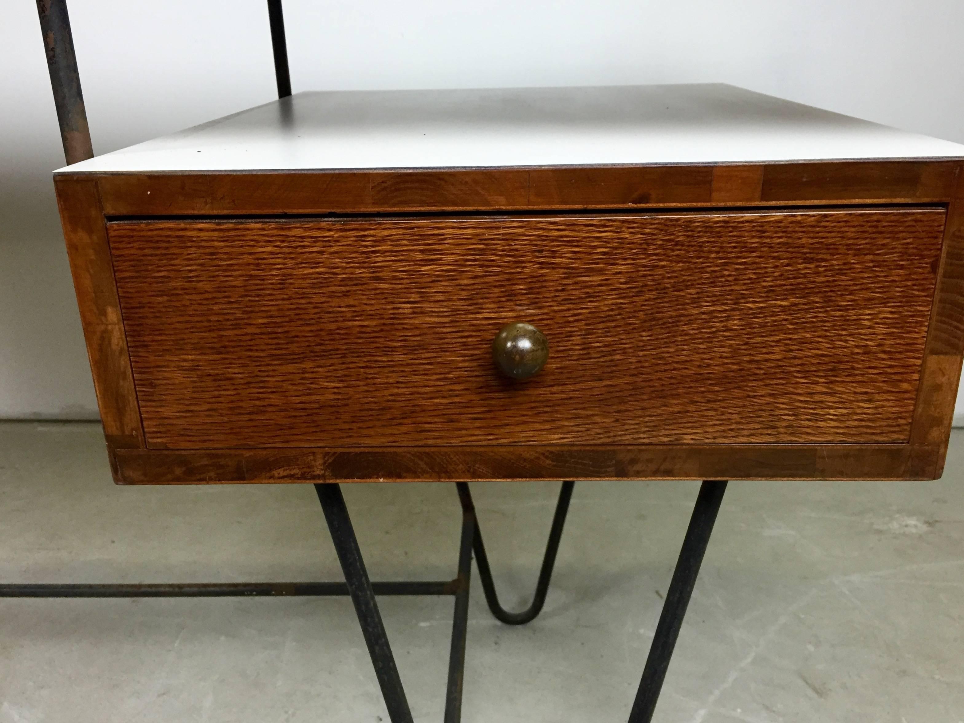 Brass 1950s Hairpin Desk with Floating Drawer and Custom Free Edge Walnut Top For Sale