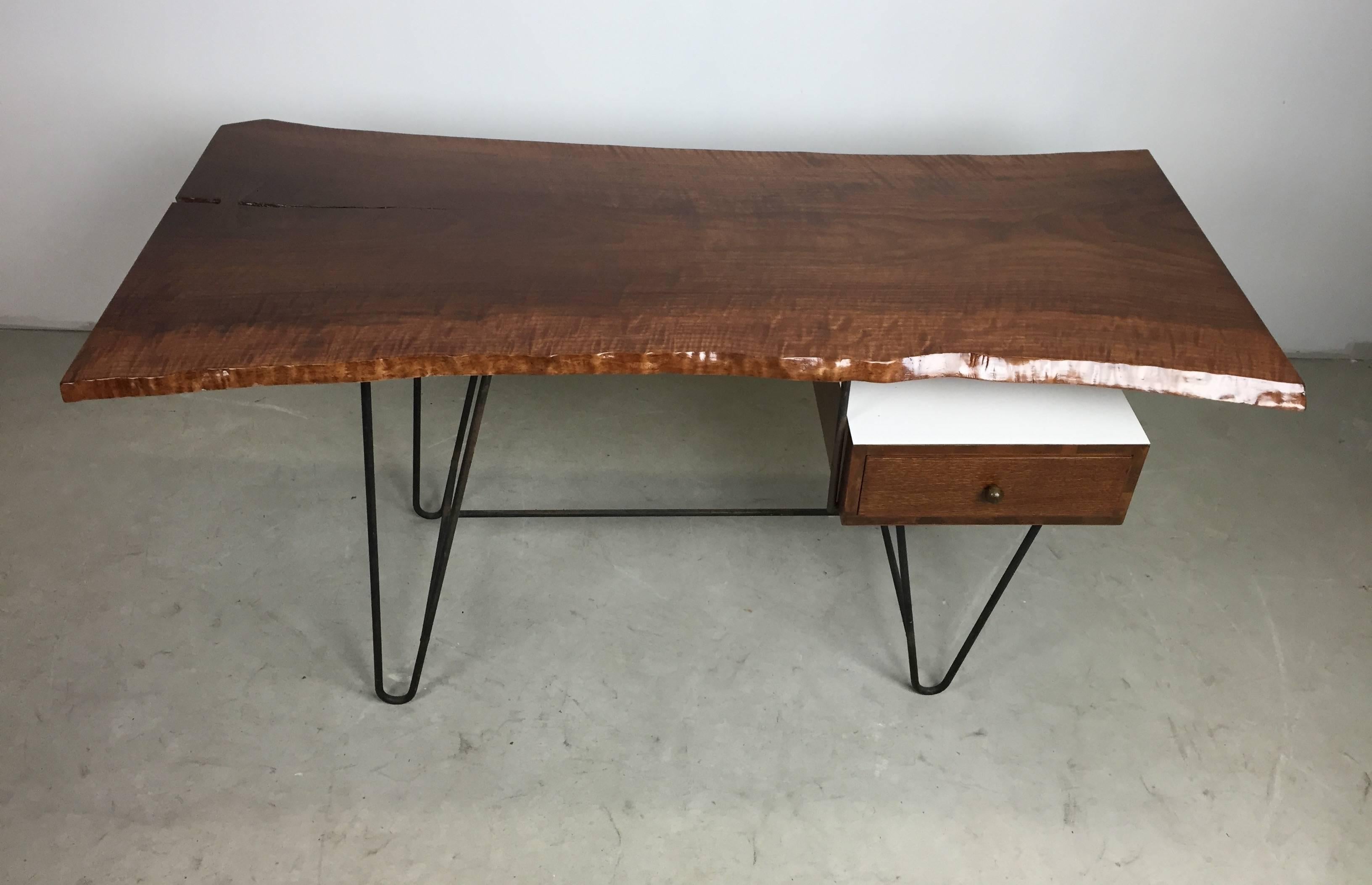 Mid-Century Modern 1950s Hairpin Desk with Floating Drawer and Custom Free Edge Walnut Top For Sale
