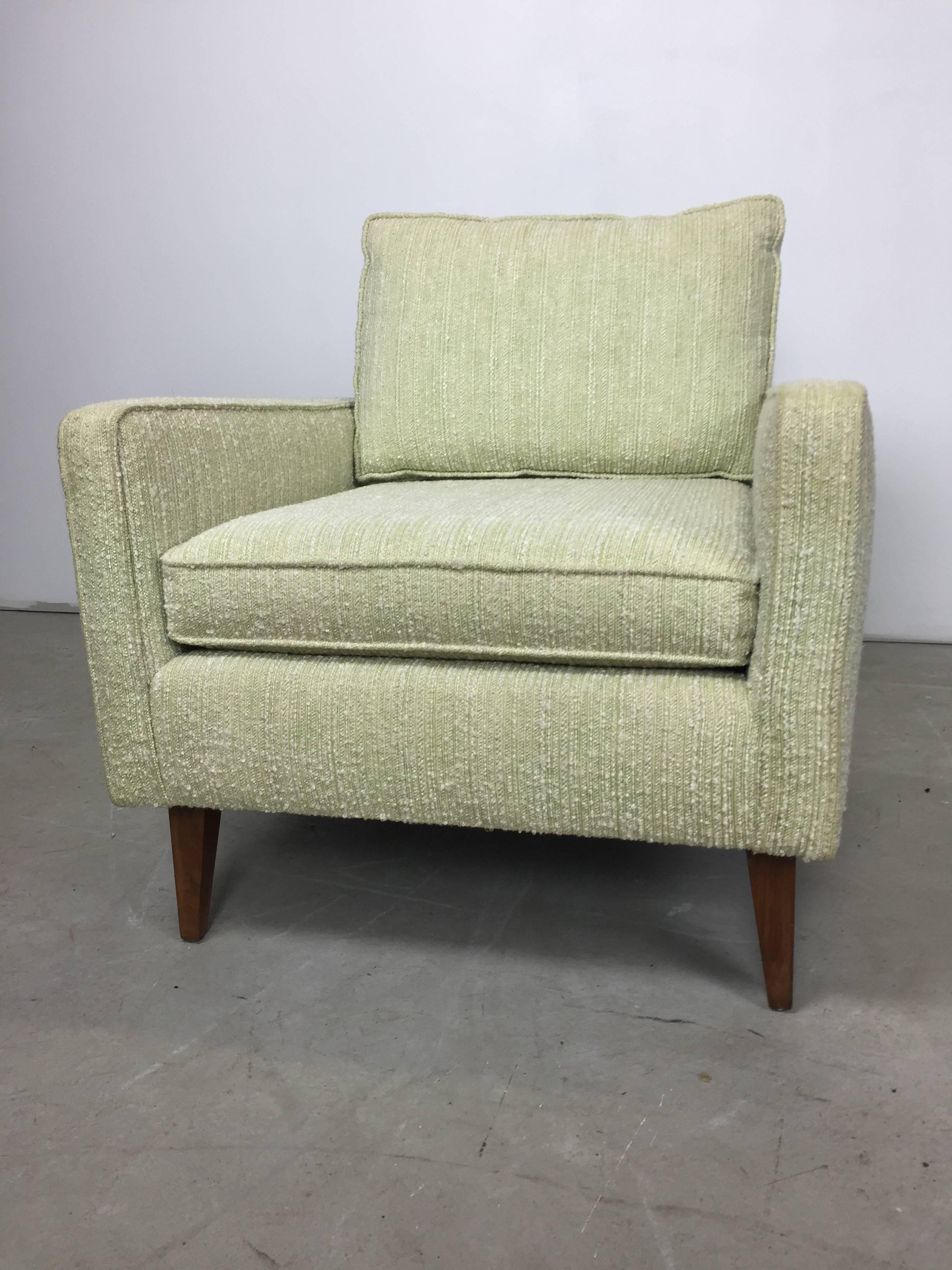 American Mid-Century Celery Wool Boucle and Walnut Sofa and Chair Set