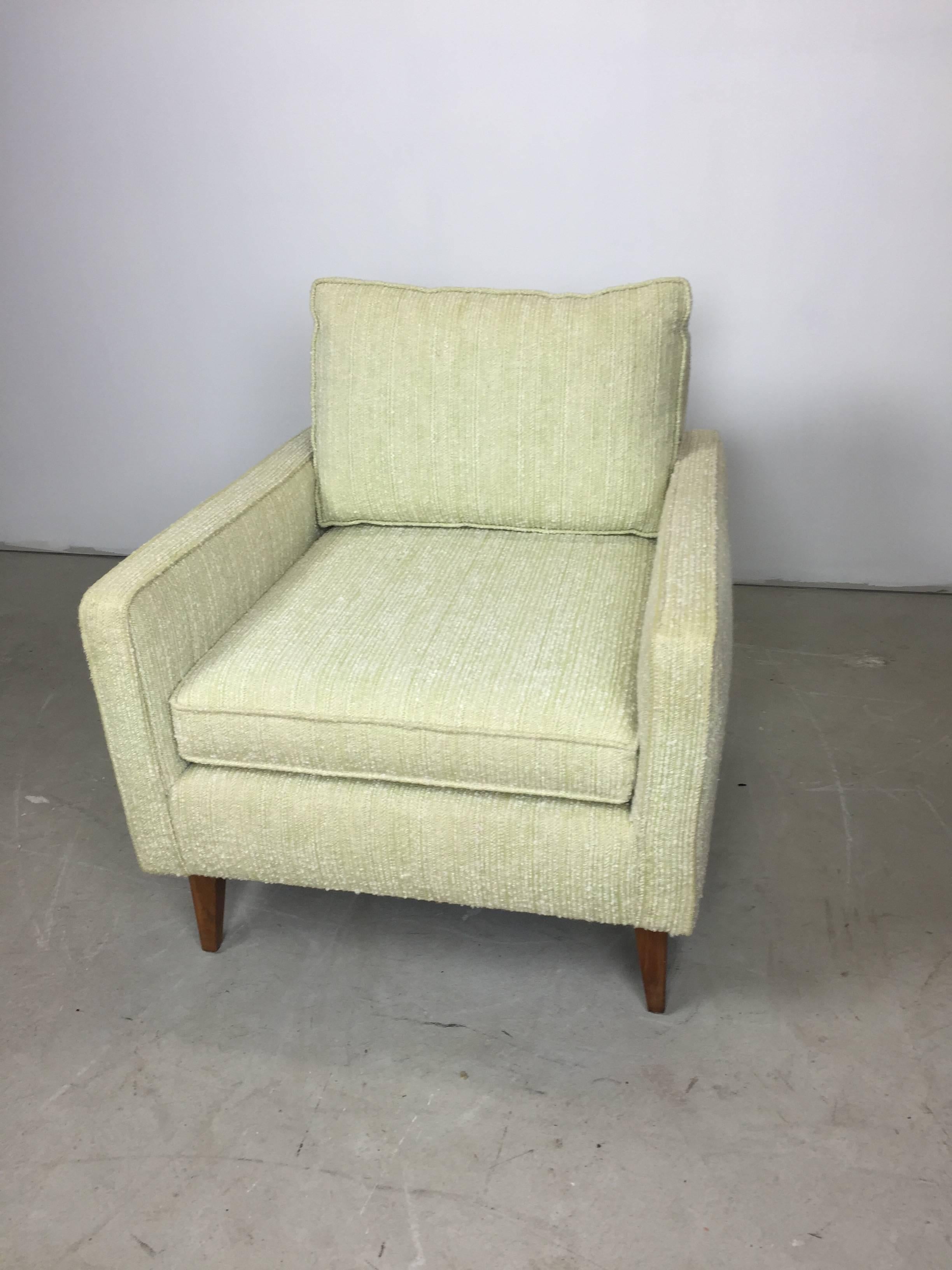 Hand-Crafted Mid-Century Celery Wool Boucle and Walnut Sofa and Chair Set