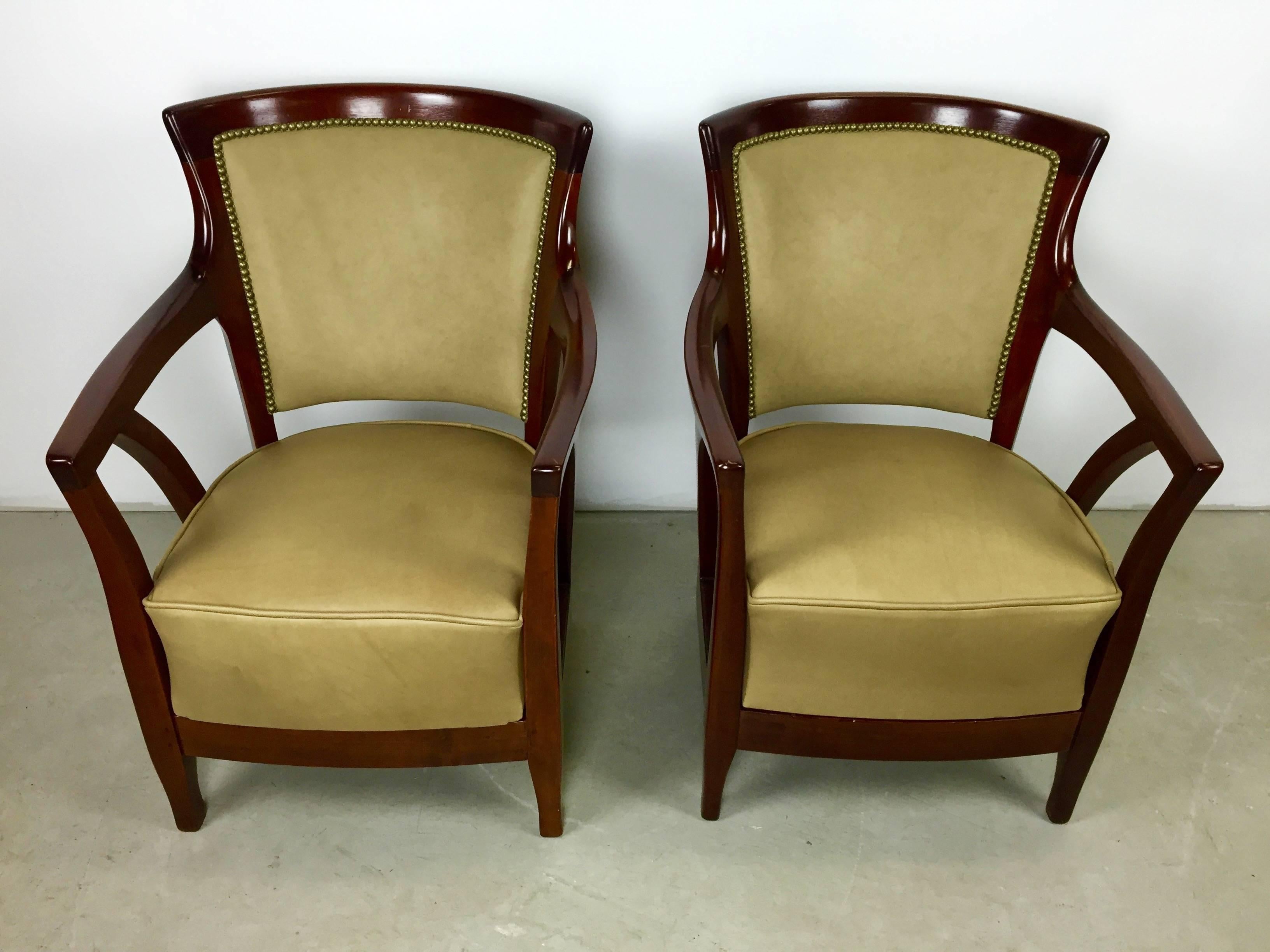 Pair of Walnut and Leather Vienna Secessionist Club Chairs 1