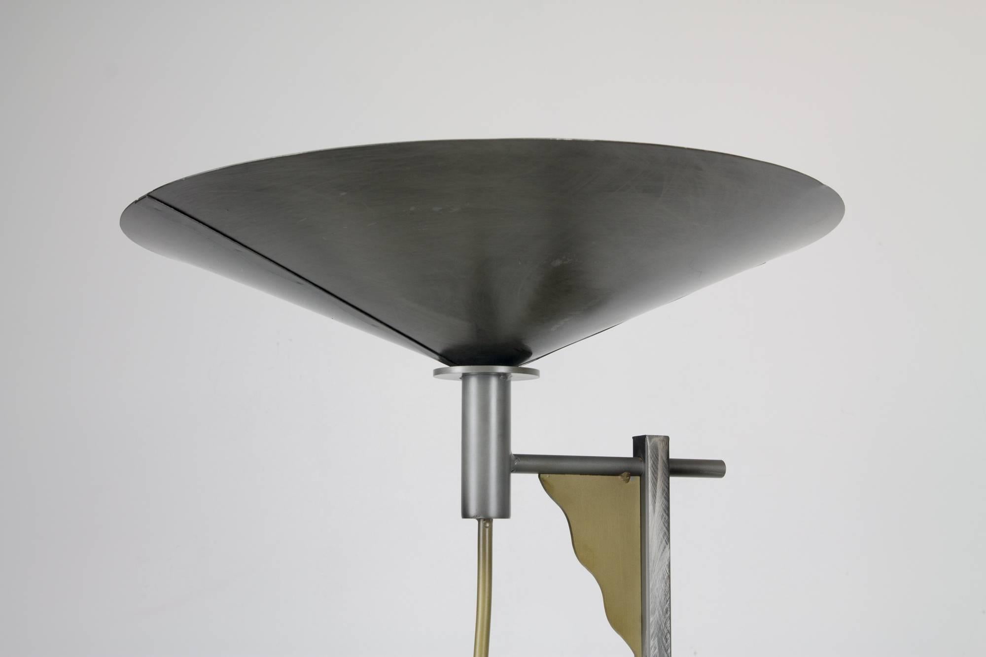 Very rare Postmodern floor lamp by Robert Sonneman for Kovacs comprised of welded elements of steel, brass and copper.
