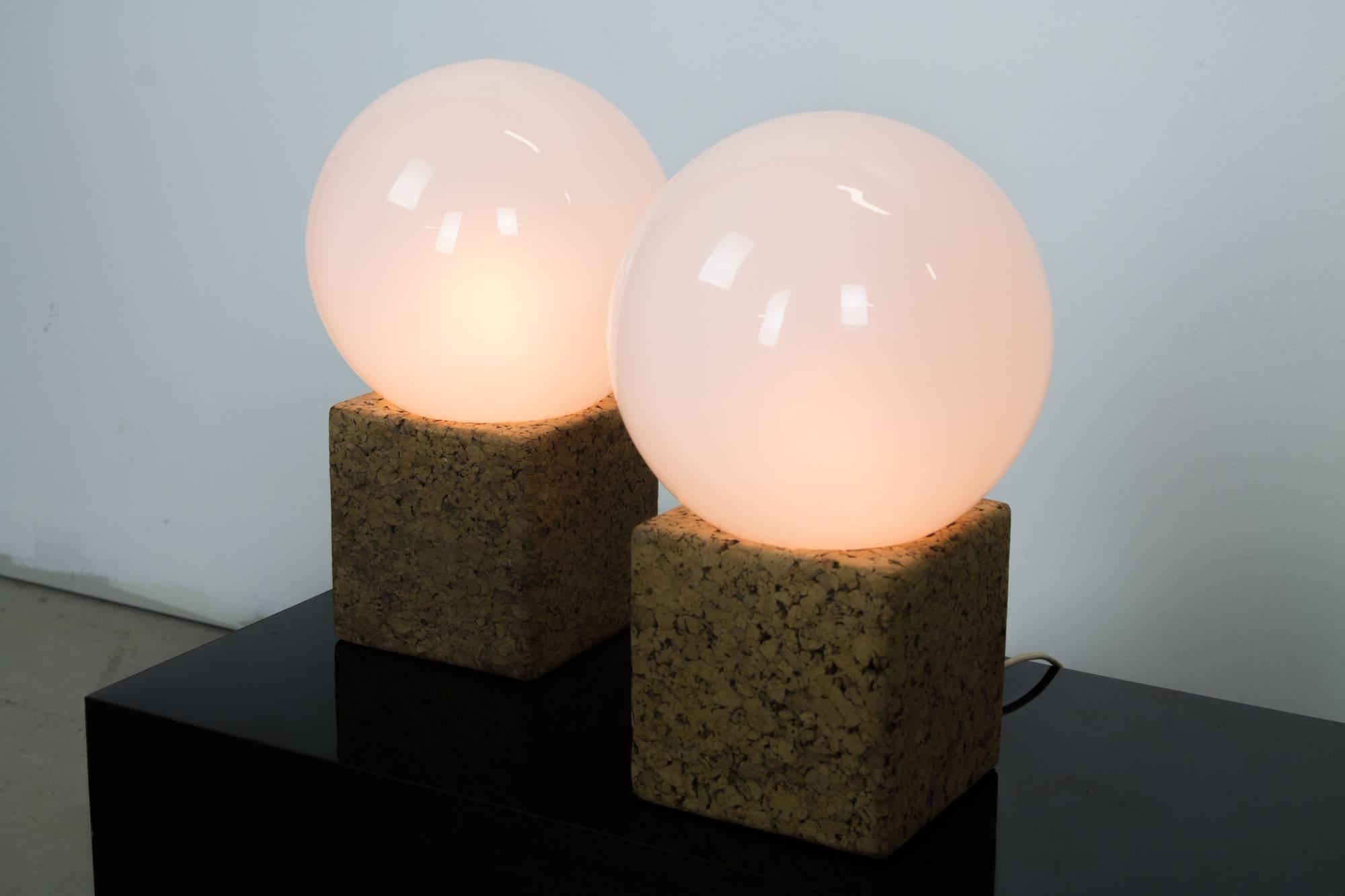 American Pair of Cork Table Lamps with Opal Glass Globes by Lightolier