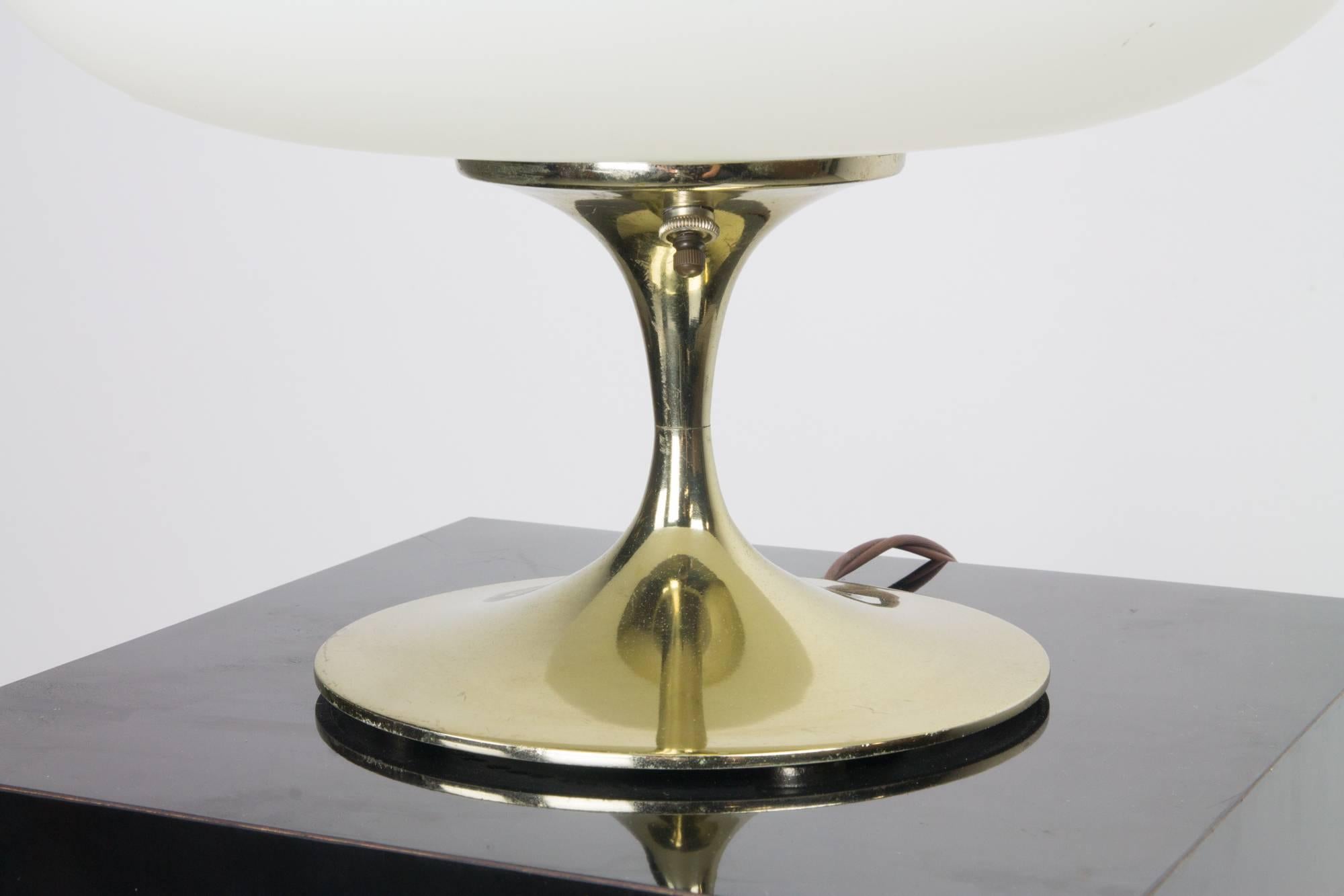 Mushroom-form table lamp by Bill Curry for Laurel with gold tone metal base and matte finish opal glass shade. Measure: Base diameter 7 in.