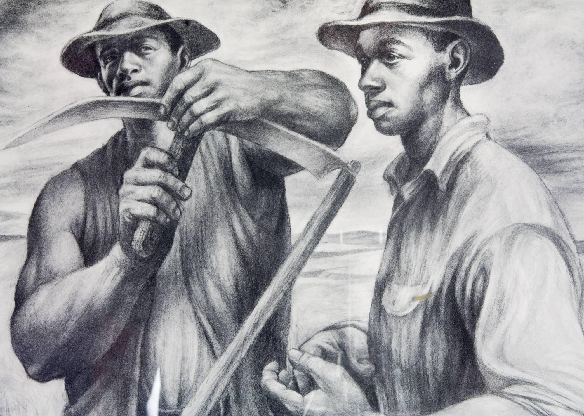 'Harvest Talk' by Charles White as part of a collection of six lithographs published in 1953. Plate signed in lower right corner. 

Born in Chicago in 1918, Charles W. White is one of America's most renowned and recognized African-American and