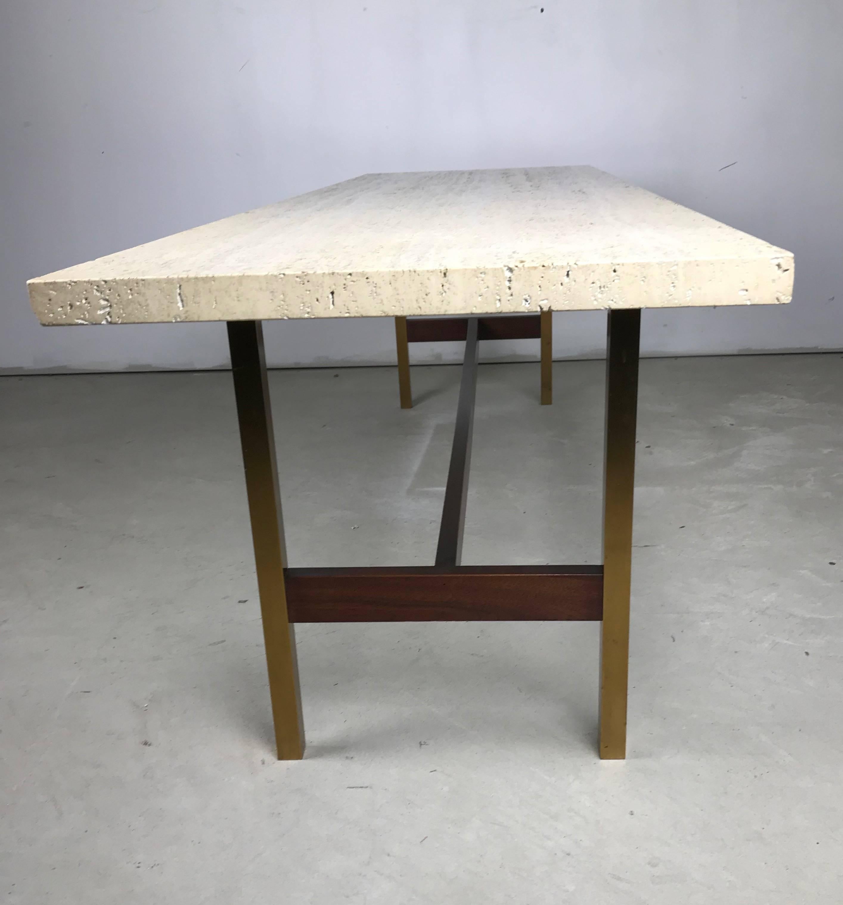 Unique Travertine Walnut and Brass Cocktail Table Designed by Phillip Enfield In Good Condition For Sale In Asbury Park, NJ