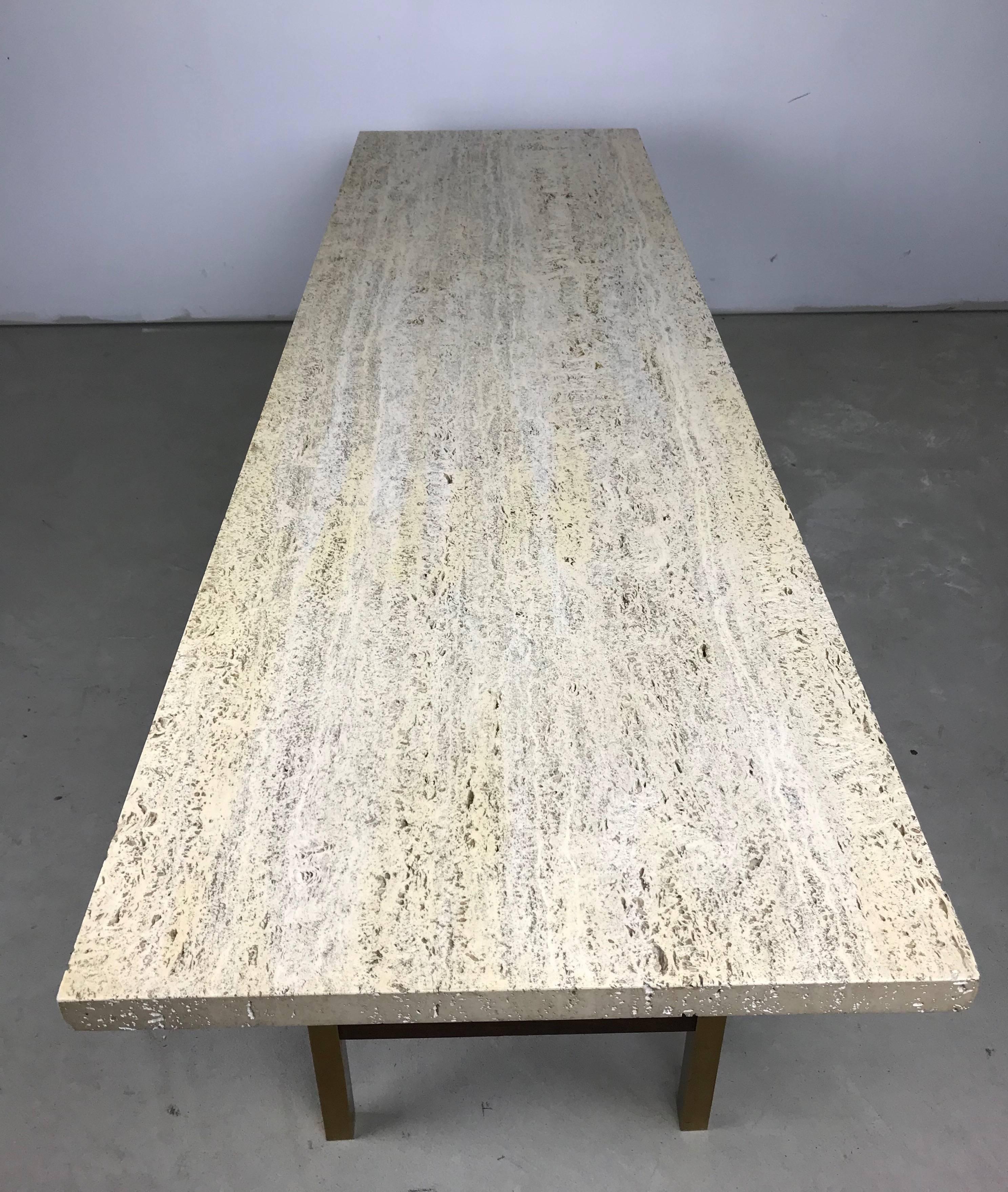 Mid-20th Century Unique Travertine Walnut and Brass Cocktail Table Designed by Phillip Enfield For Sale