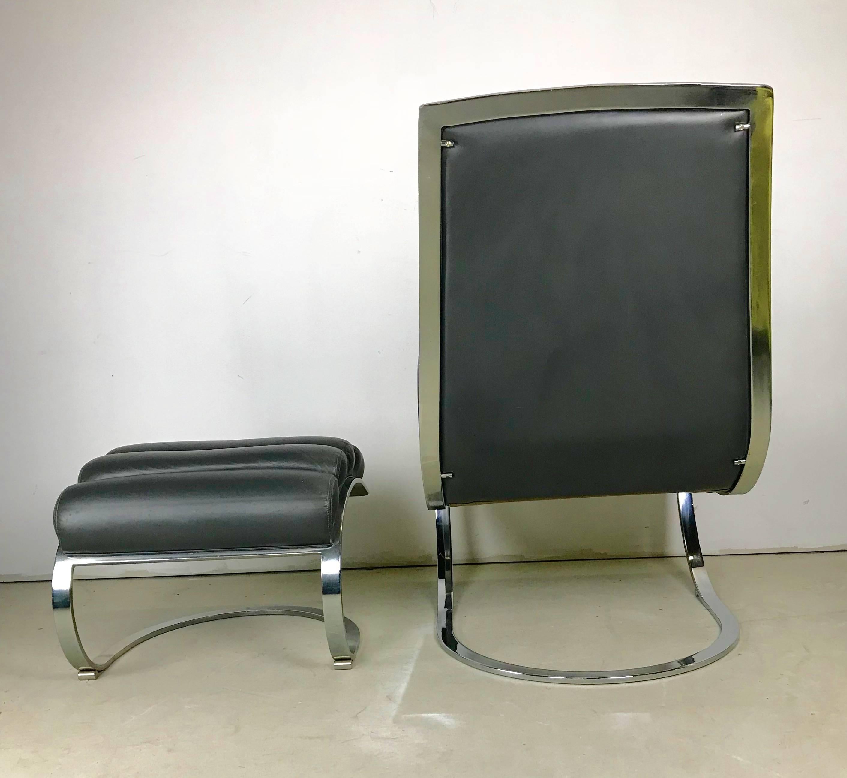 Mid-Century Modern Milo Baughman Chrome and Tufted Leather Lounge Chair and Ottoman