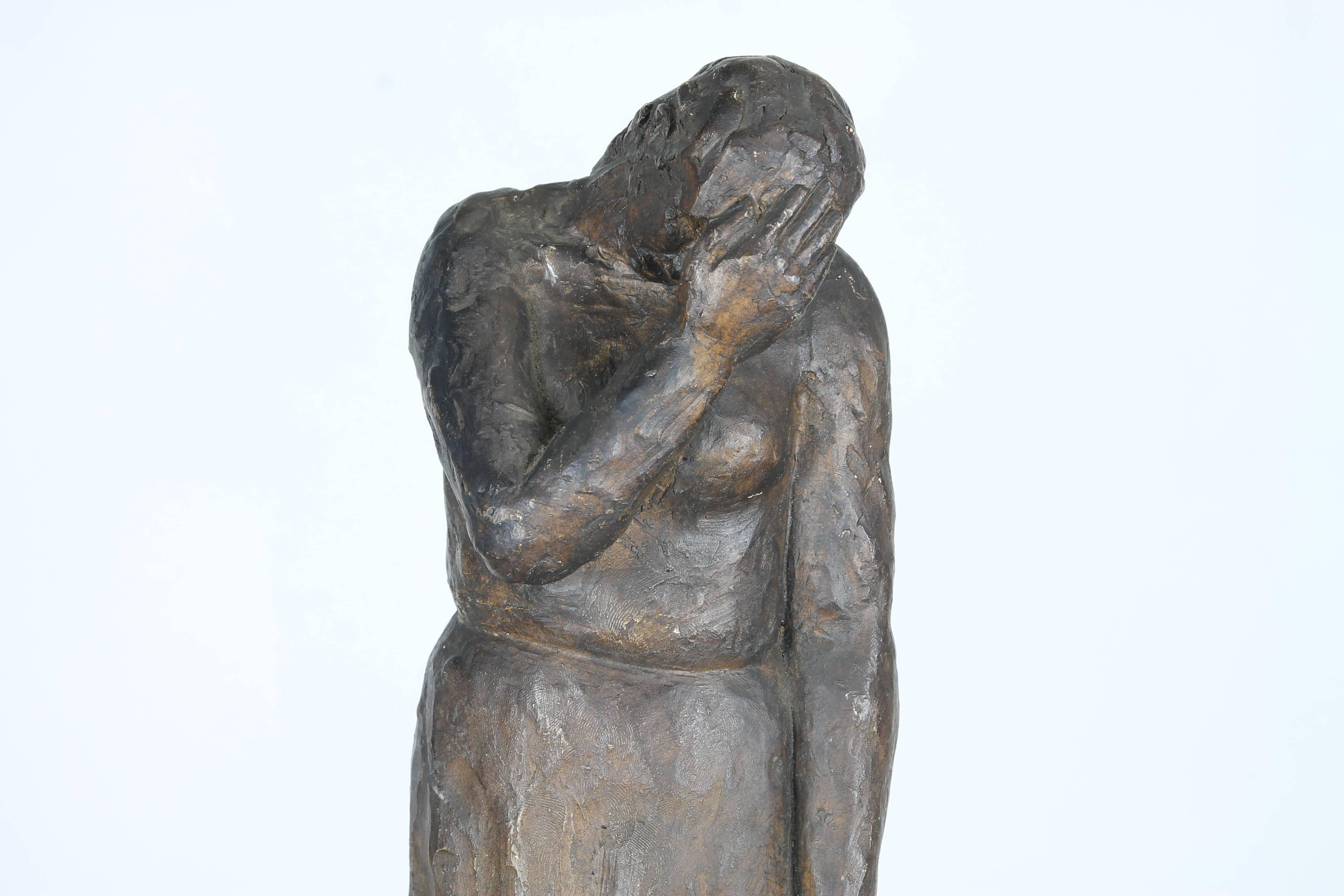 A prototype by Dutch sculptor Wessel Couzyn in plaster depicting a crying woman. Signed at base. 

Couzyn attended the Dutch Royal Academy of Plastic Arts in the late 1930s and was awarded the Prix de Rome in that time to study in Italy. Some