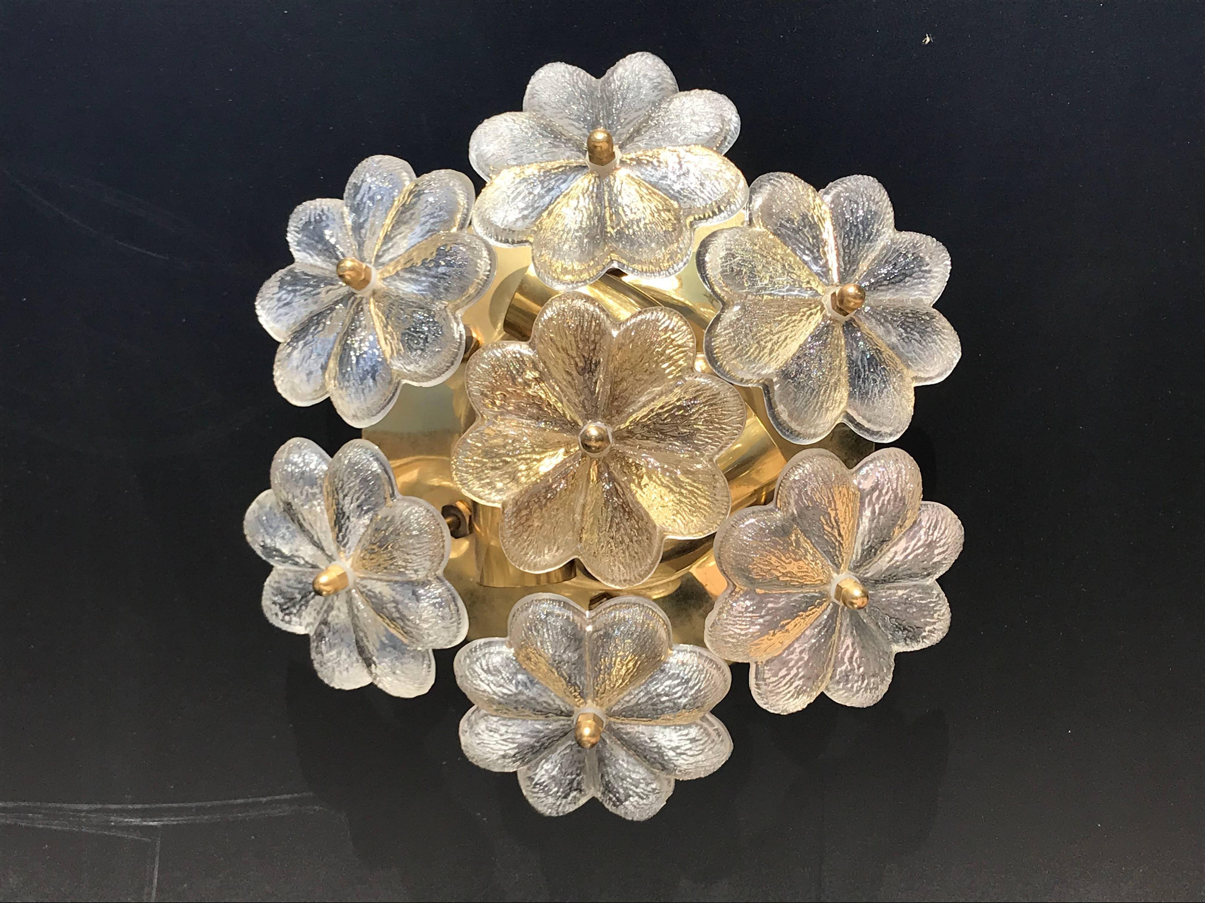 Small Ernst Palme Floral Glass Flush Mount Sconce In Good Condition For Sale In North Hollywood, CA